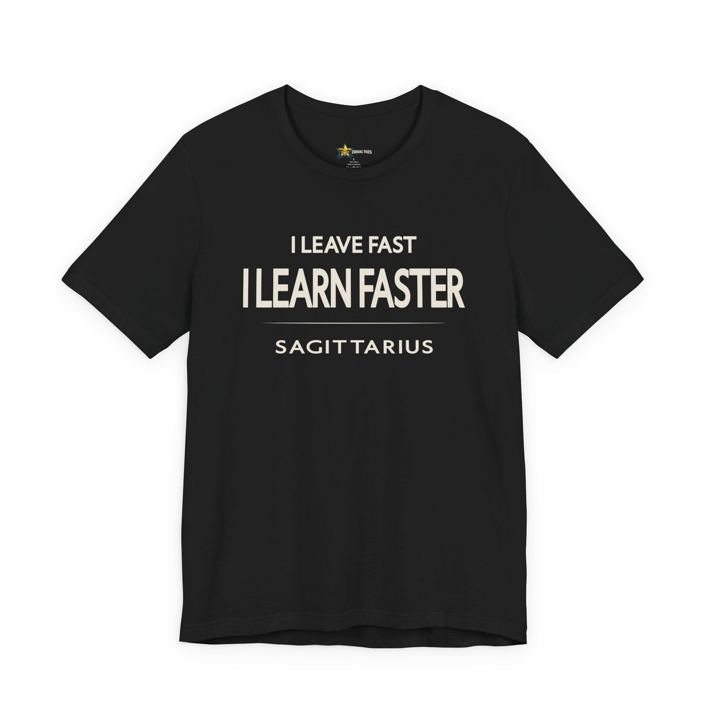 Sagittarius astrology t-shirt with bold quote on black shirt