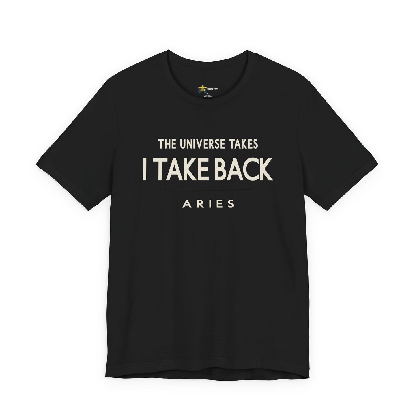 Aries astrology t-shirt with bold typography quote on black background