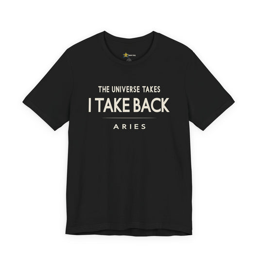 Aries astrology t-shirt with bold typography quote on black background