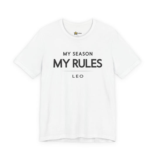 Leo astrology t-shirt with “My Season My Rules” bold typography quote on white background