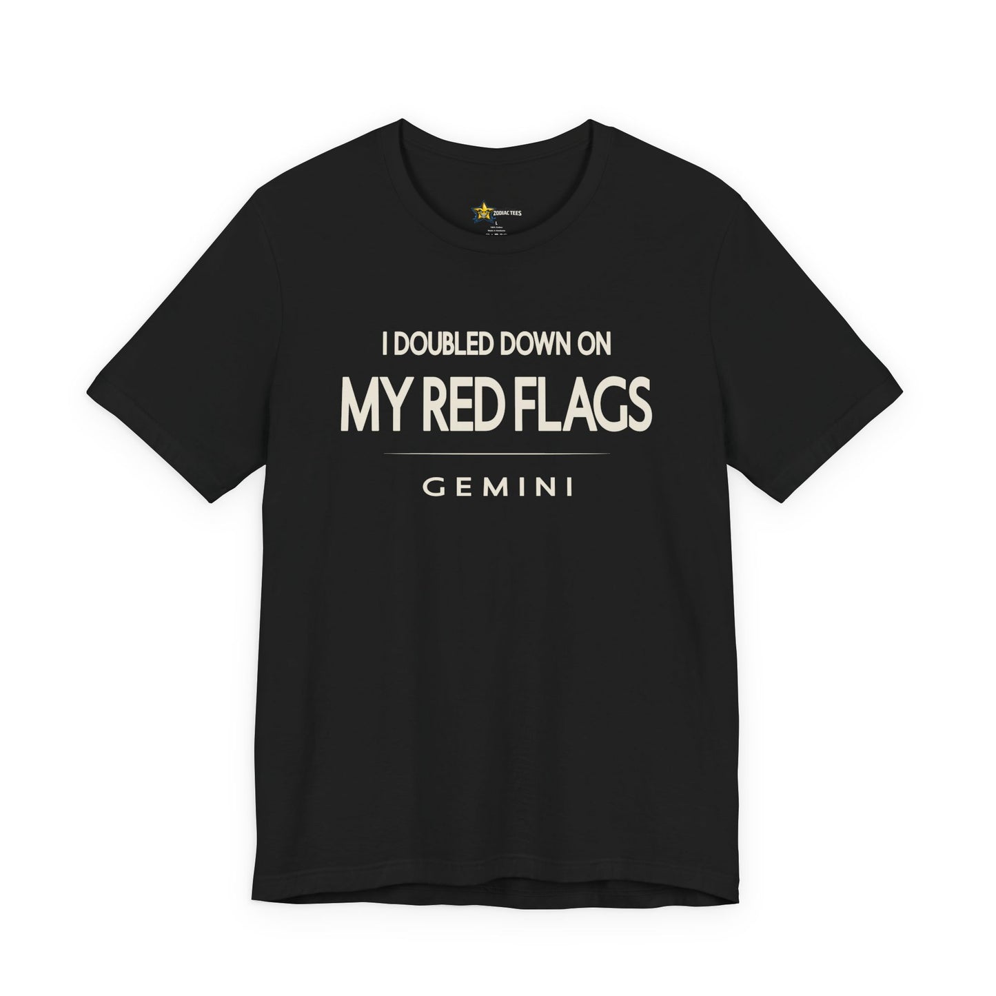 Gemini astrology t-shirt with bold typography quote on black background