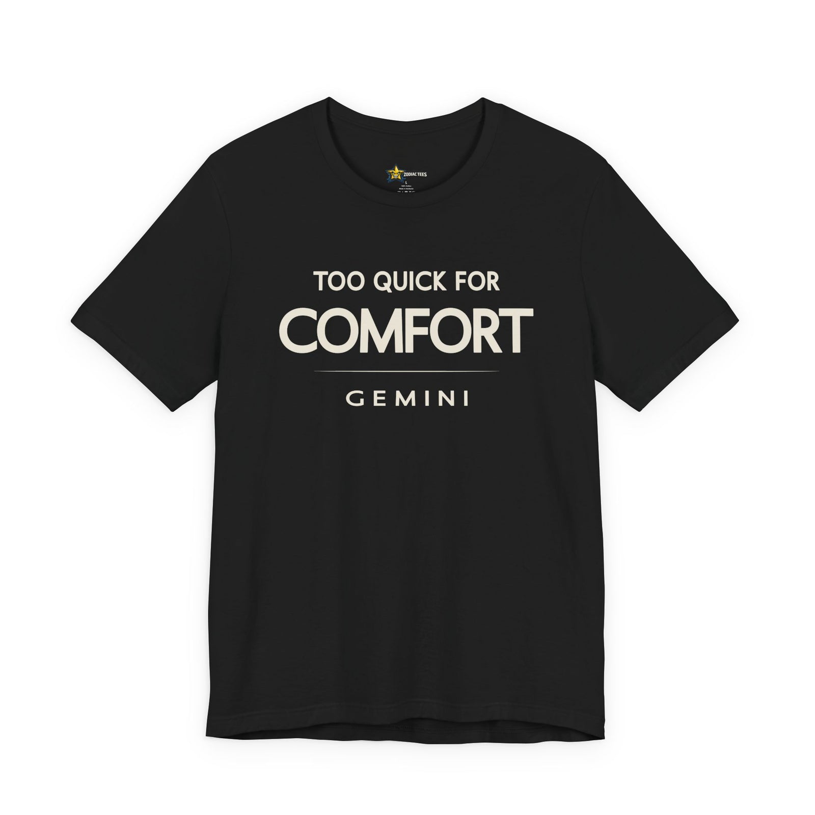 Gemini astrology t-shirt with bold typography quote on black background