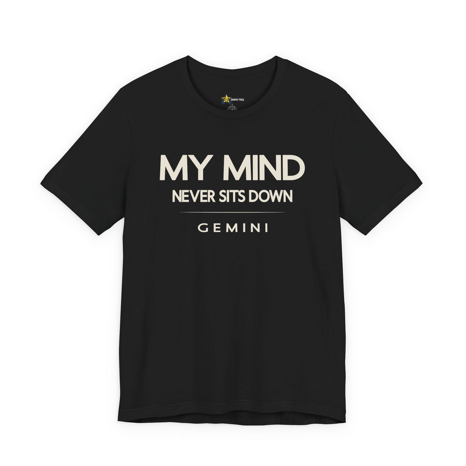 Gemini astrology t-shirt with bold typography quote on black background
