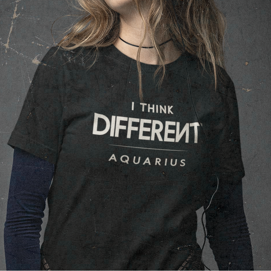 Model wearing Aquarius zodiac T-shirt with I think different quote design.