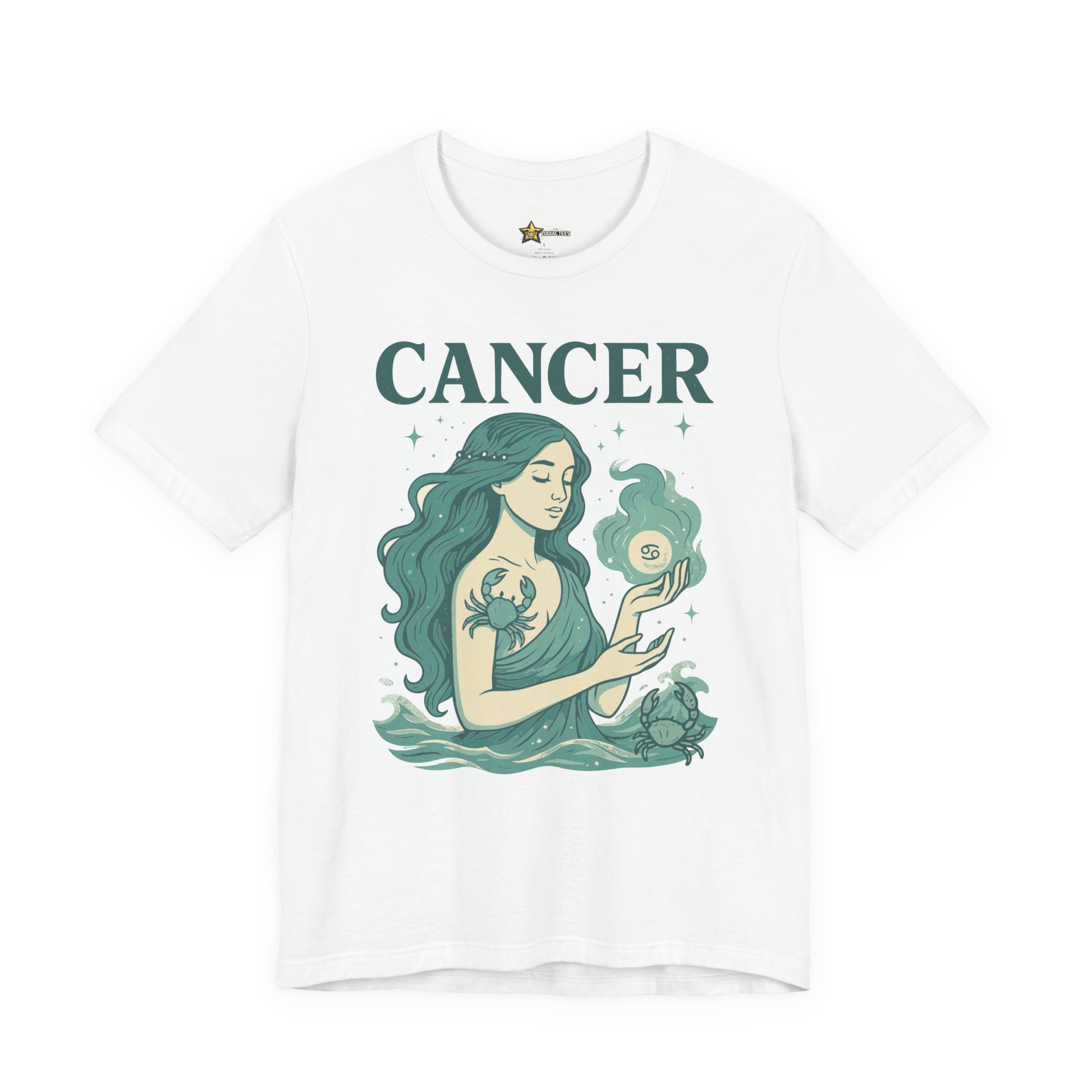 Cancer astrology t-shirt with bold water sign illustration on white background.