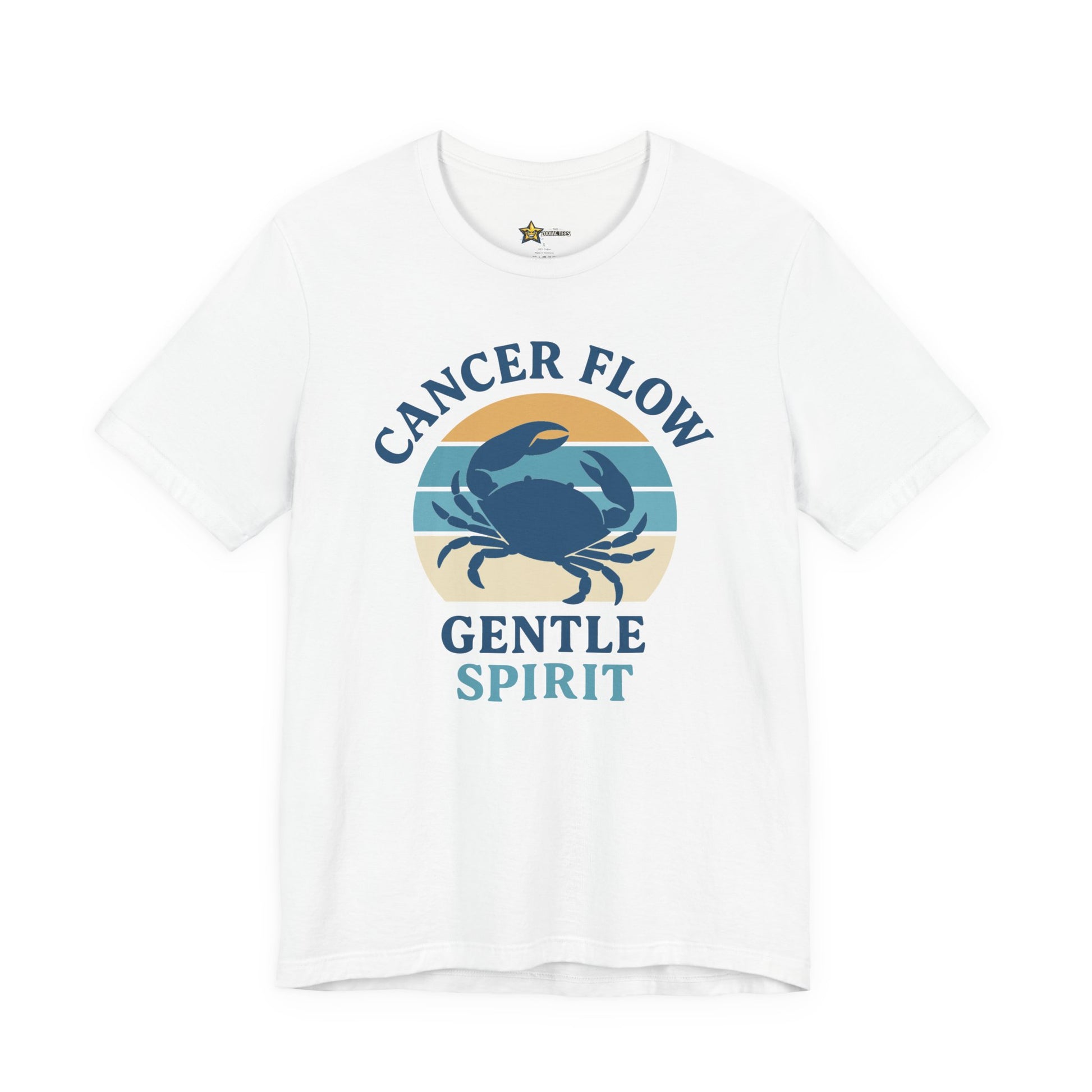 Cancer astrology t-shirt with retro crab design and gentle spirit statement on white background.
