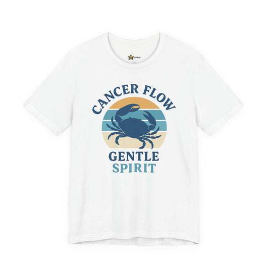 Cancer astrology t-shirt with retro crab design and gentle spirit statement on white background.