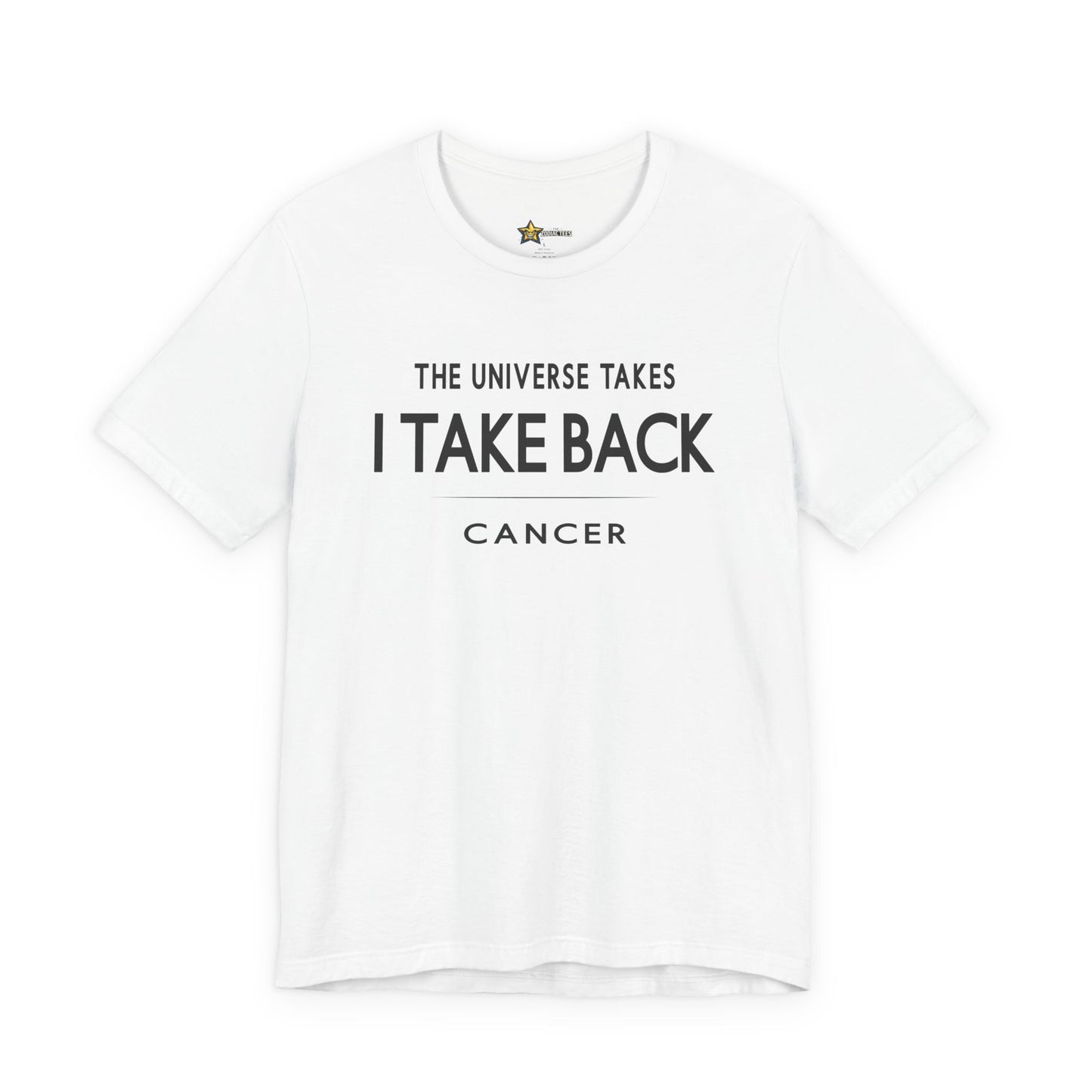 Cancer astrology t-shirt with bold typography quote on white background