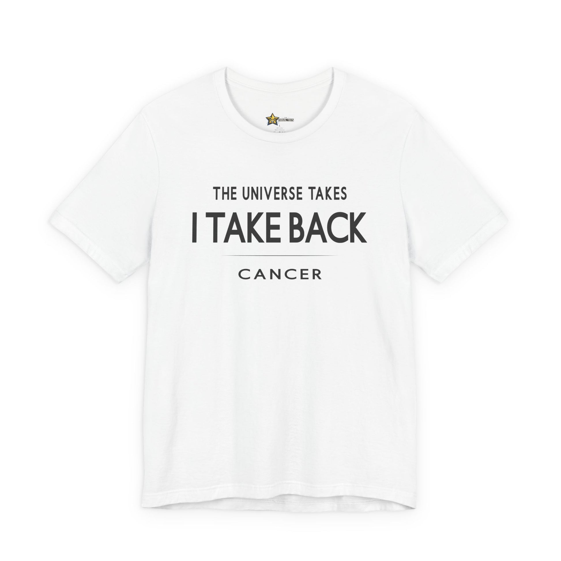 Cancer astrology t-shirt with bold typography quote on white background