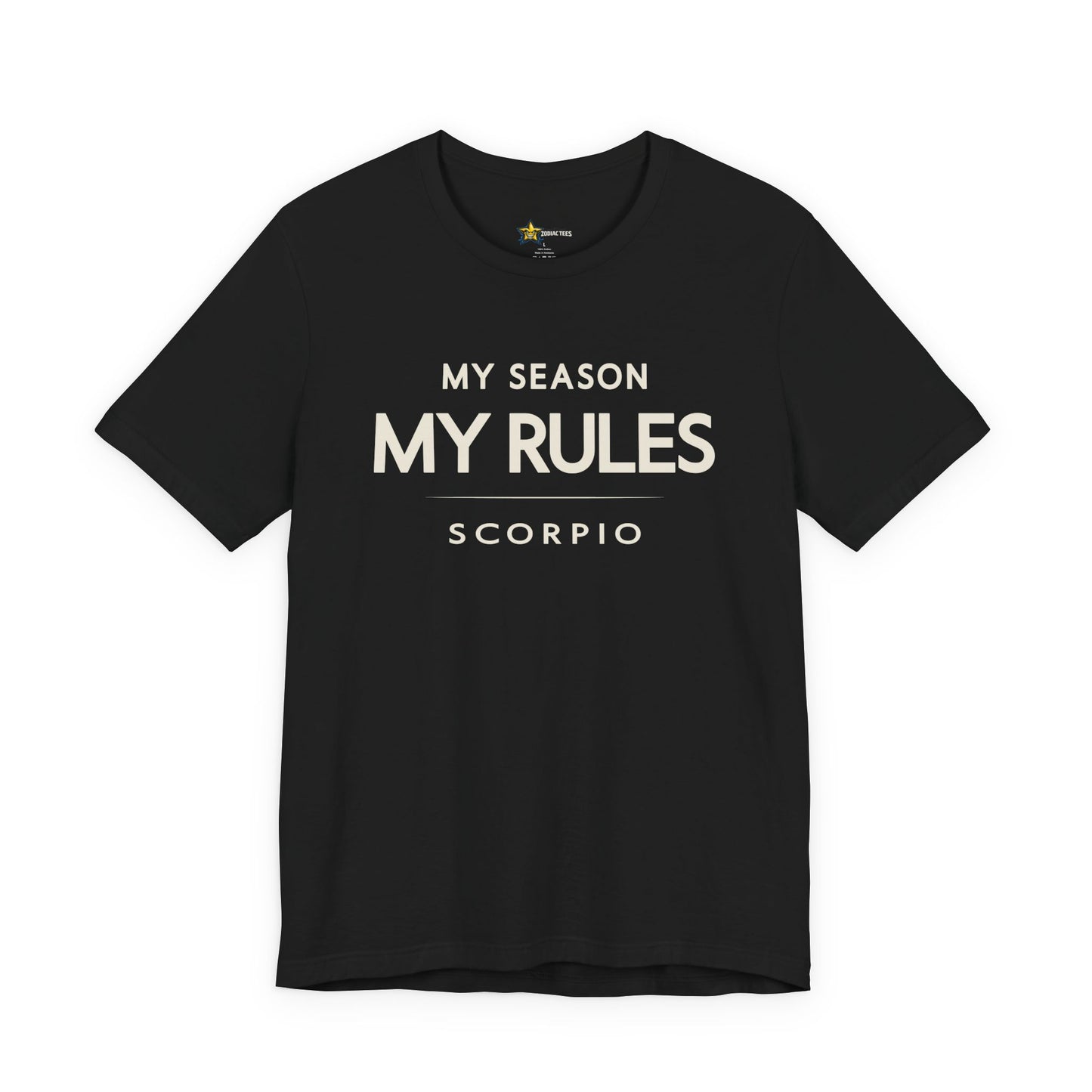 Scorpio astrology t-shirt with bold typography quote on black background