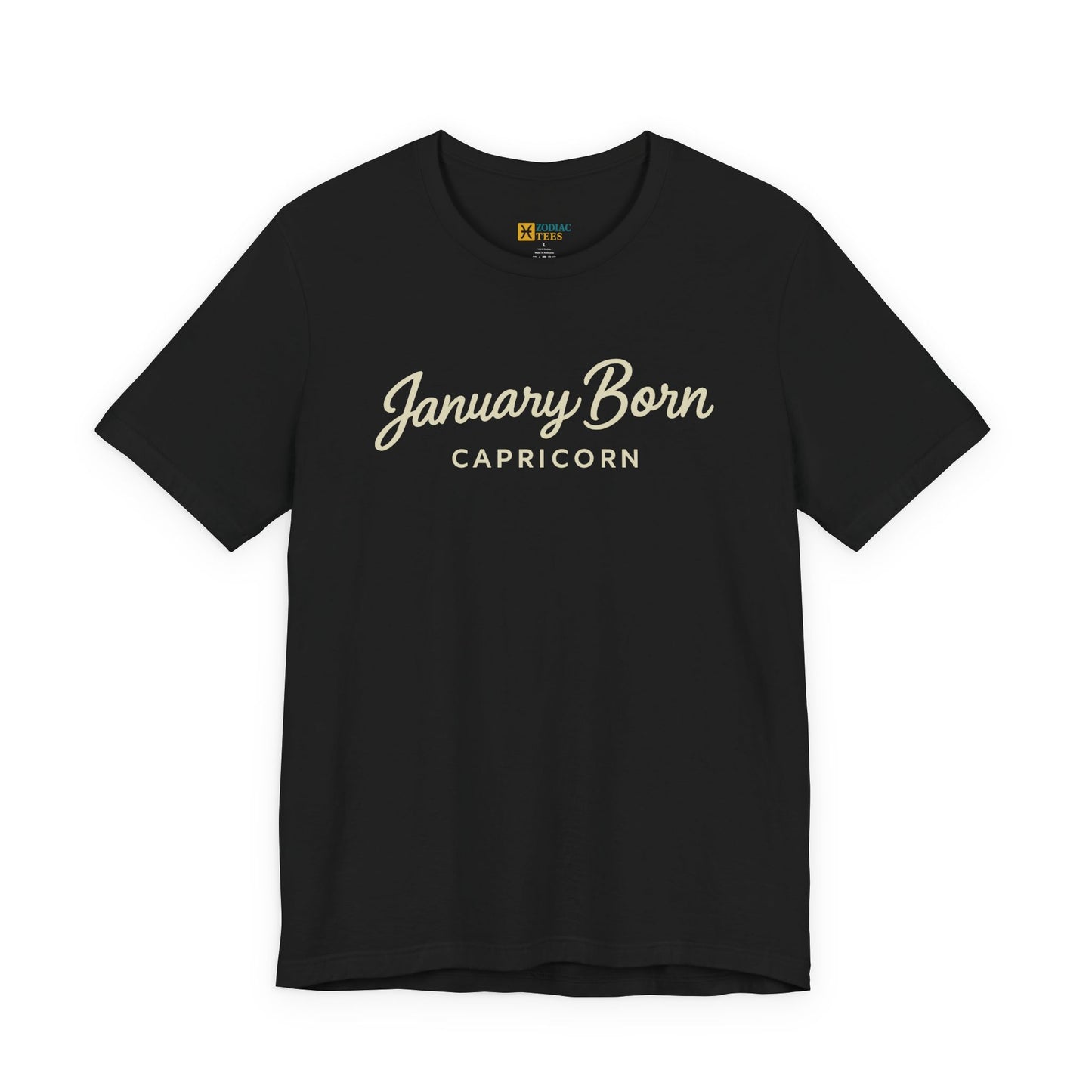 January Born Capricorn T-shirt with minimalist script typography on black fabric.