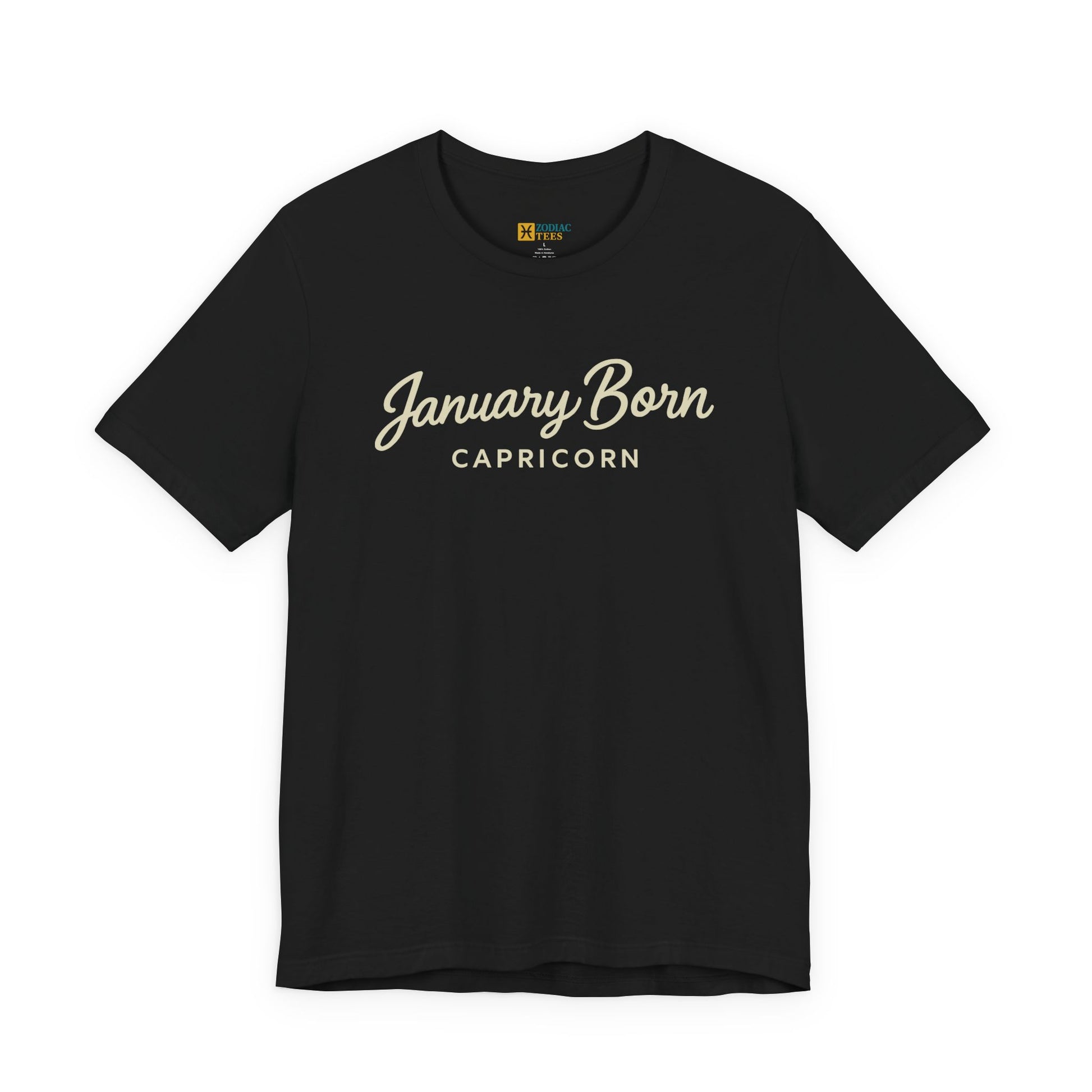 January Born Capricorn T-shirt with minimalist script typography on black fabric.