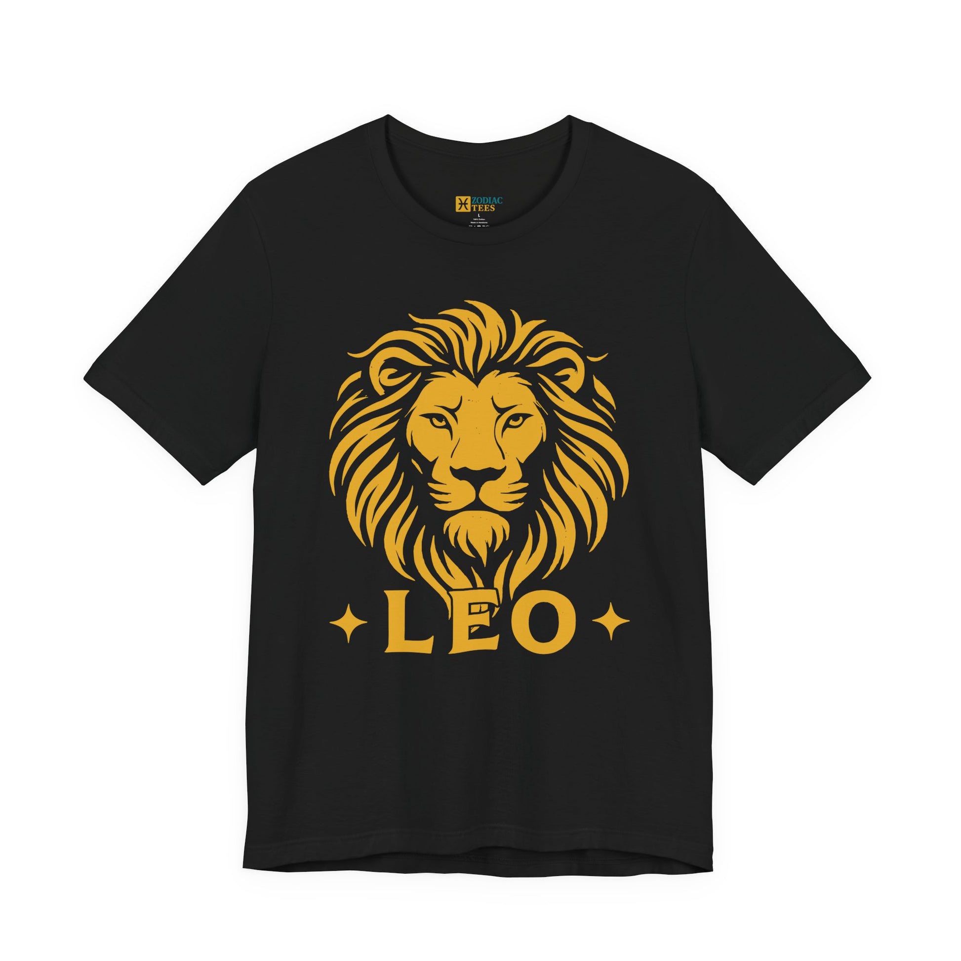 Flat mockup of a Leo T-shirt featuring a bold golden lion head graphic on a black tee.