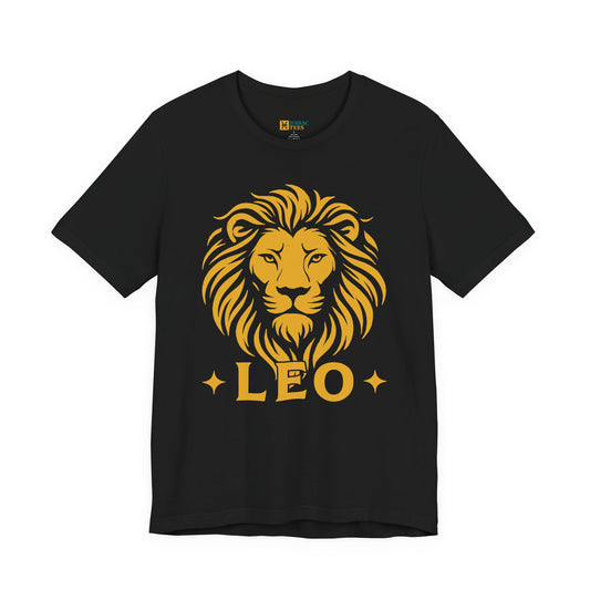 Flat mockup of a Leo T-shirt featuring a bold golden lion head graphic on a black tee.