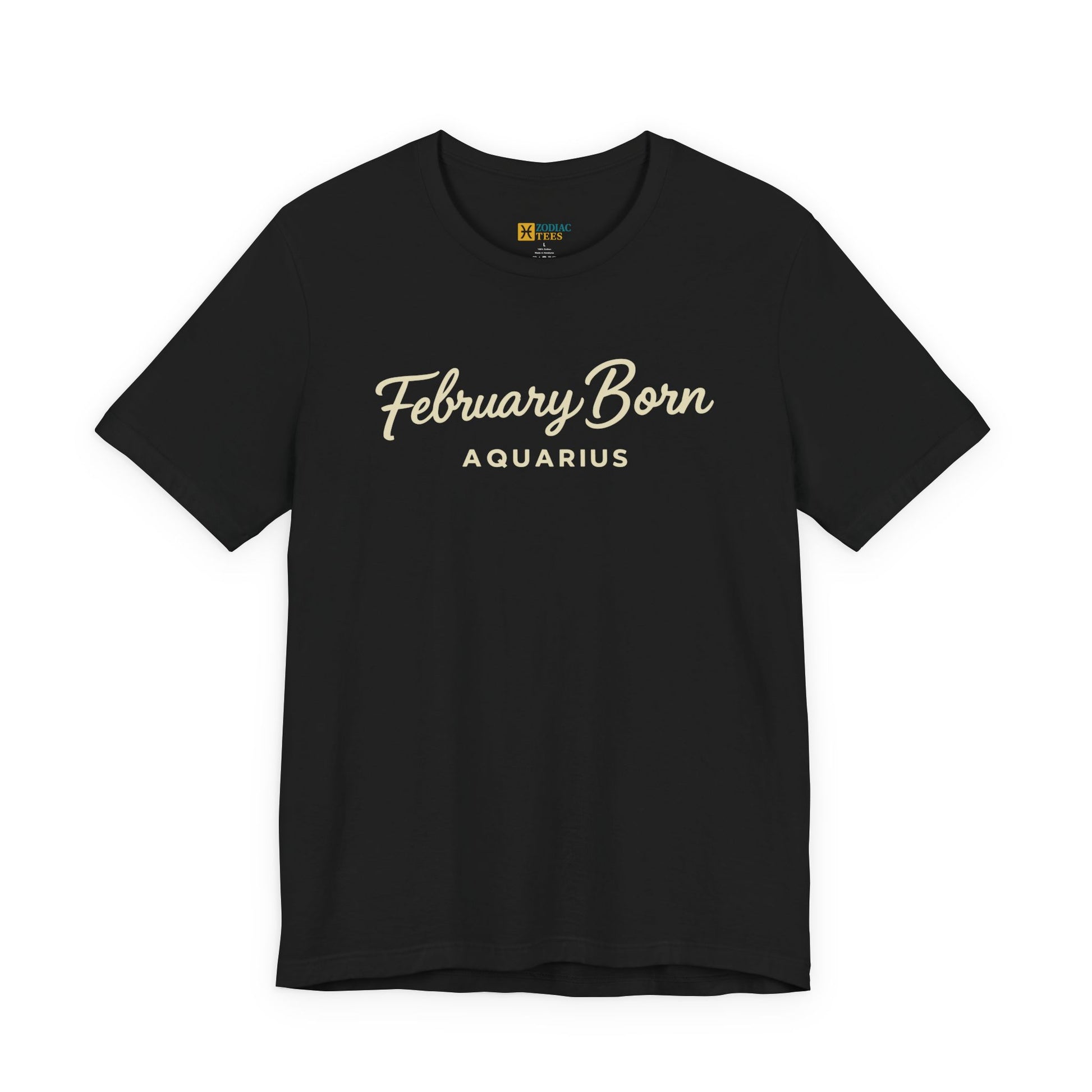 Black T-shirt featuring the text February Born Aquarius in an elegant script font printed across the chest.