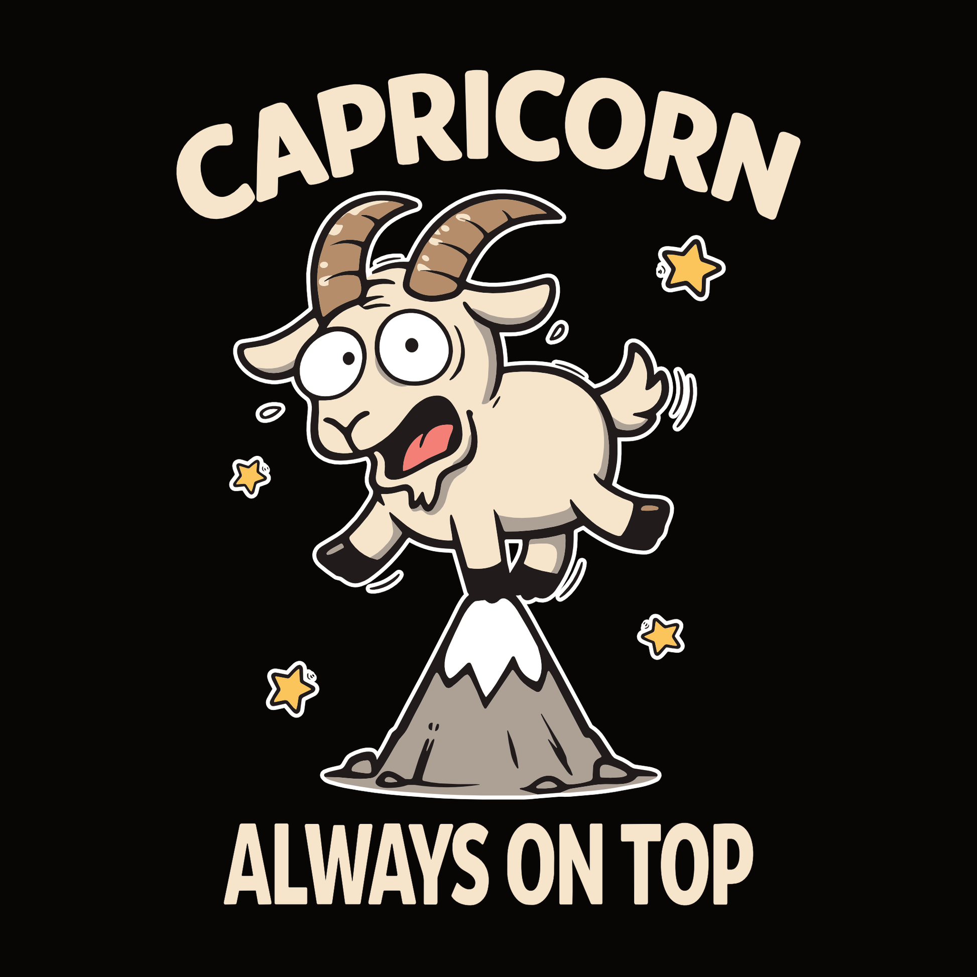 Capricorn ‘Always On Top’ astrology design featuring a cartoon goat on a mountain peak with star elements.