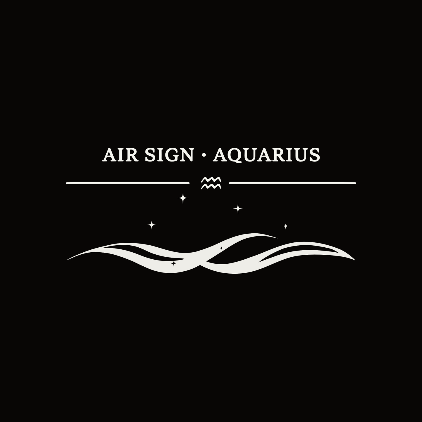 White minimalist Aquarius graphic on a black background with the text “Air Sign · Aquarius,” the Aquarius zodiac symbol, and flowing wave artwork with small stars.