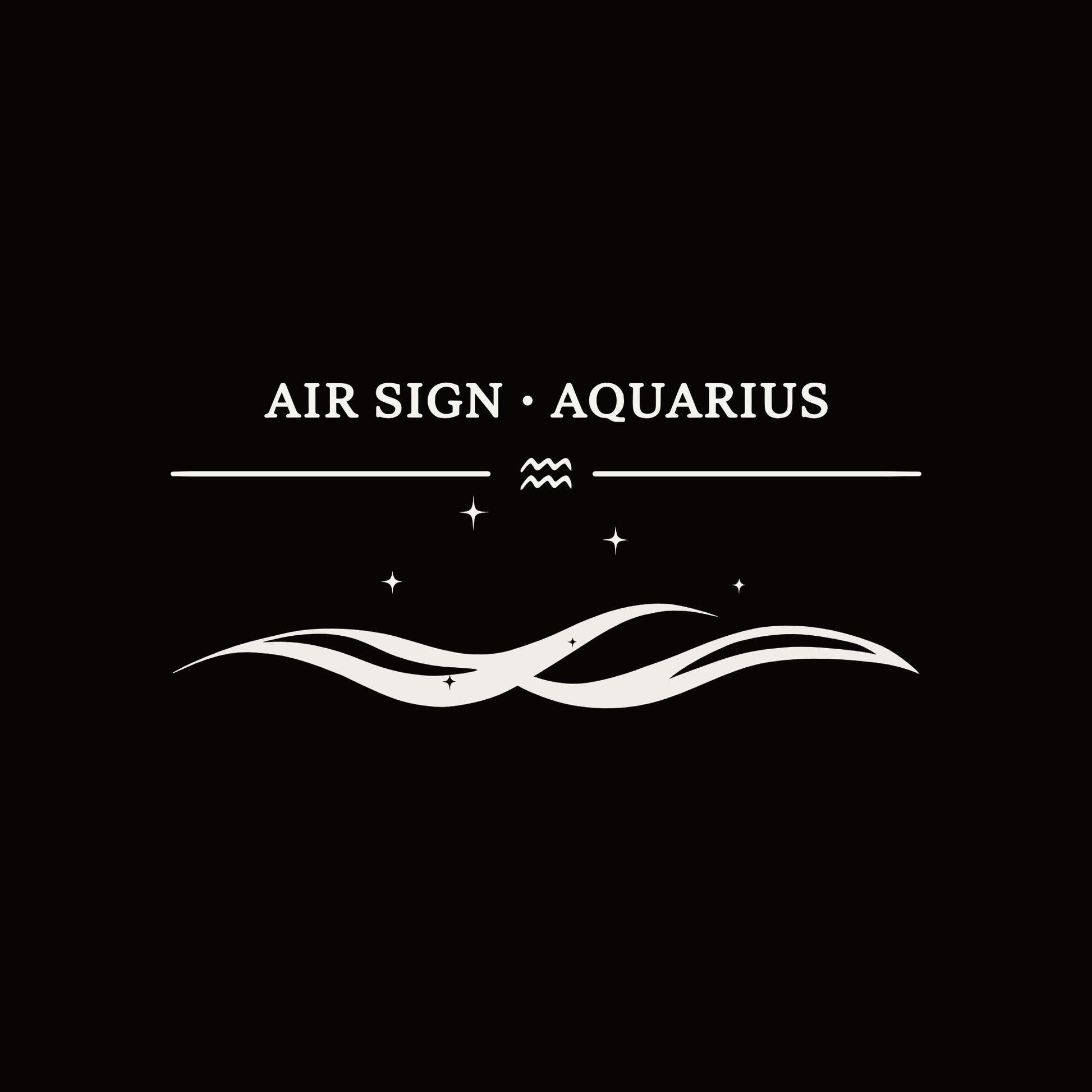 White minimalist Aquarius graphic on a black background with the text “Air Sign · Aquarius,” the Aquarius zodiac symbol, and flowing wave artwork with small stars.