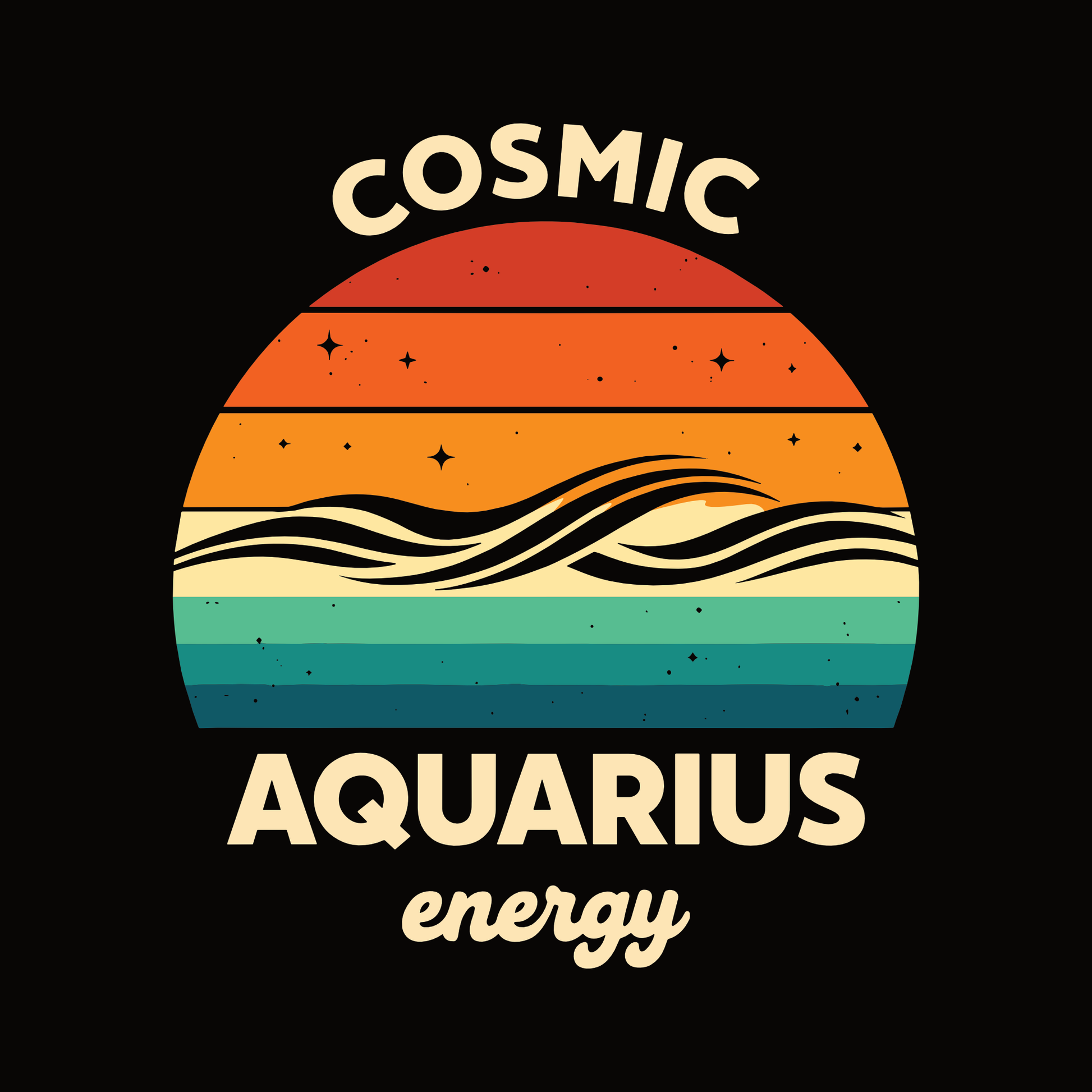 Retro circular graphic with sunset colors, flowing wave lines, and small stars, with the text “Cosmic Aquarius Energy” in a vintage font on a black background.