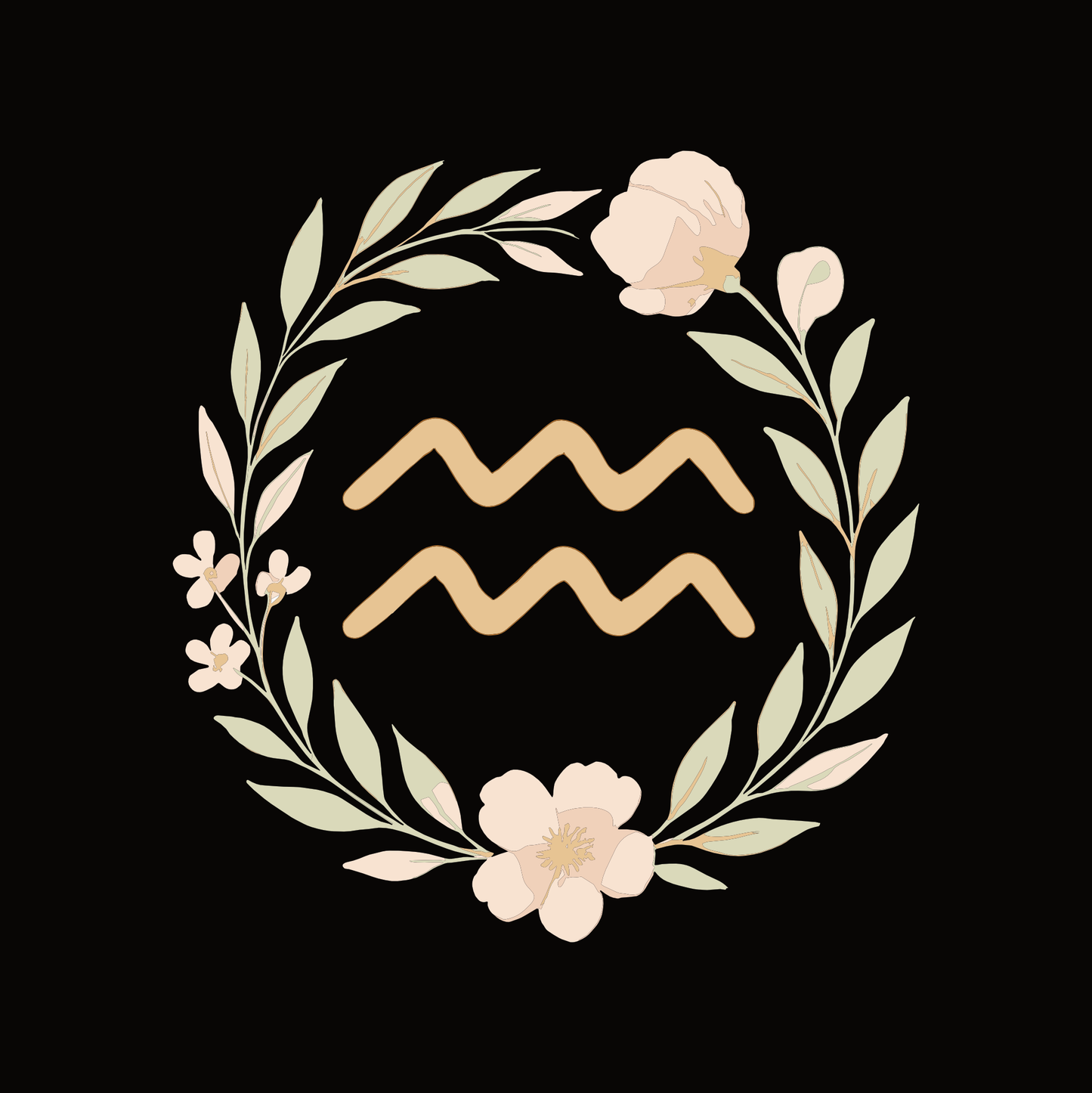 Aquarius t-shirt design featuring zodiac symbol framed by floral wreath.