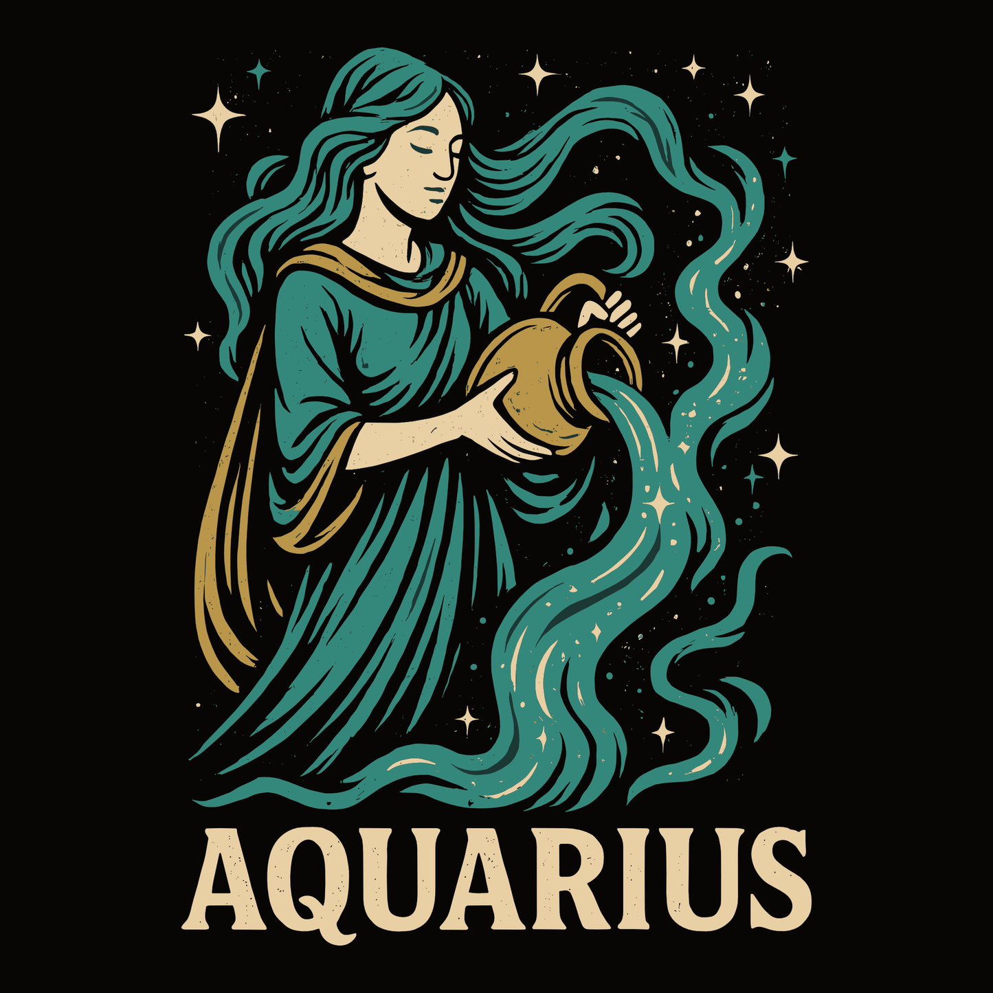 Aquarius t-shirt design featuring illustrated water bearer, flowing water and star details.