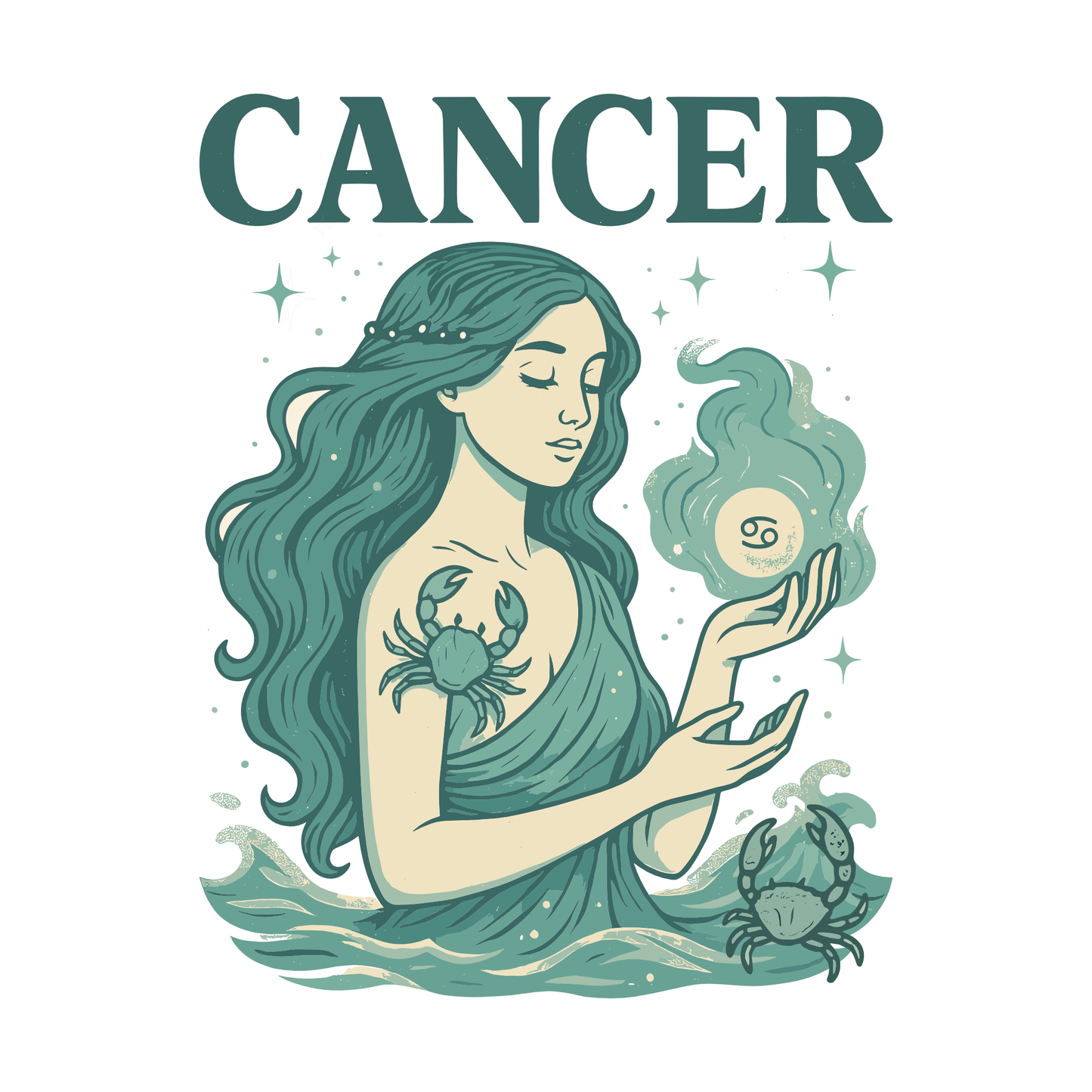Cancer t-shirt design with illustrated water sign figure, Cancer symbol, and crab elements.