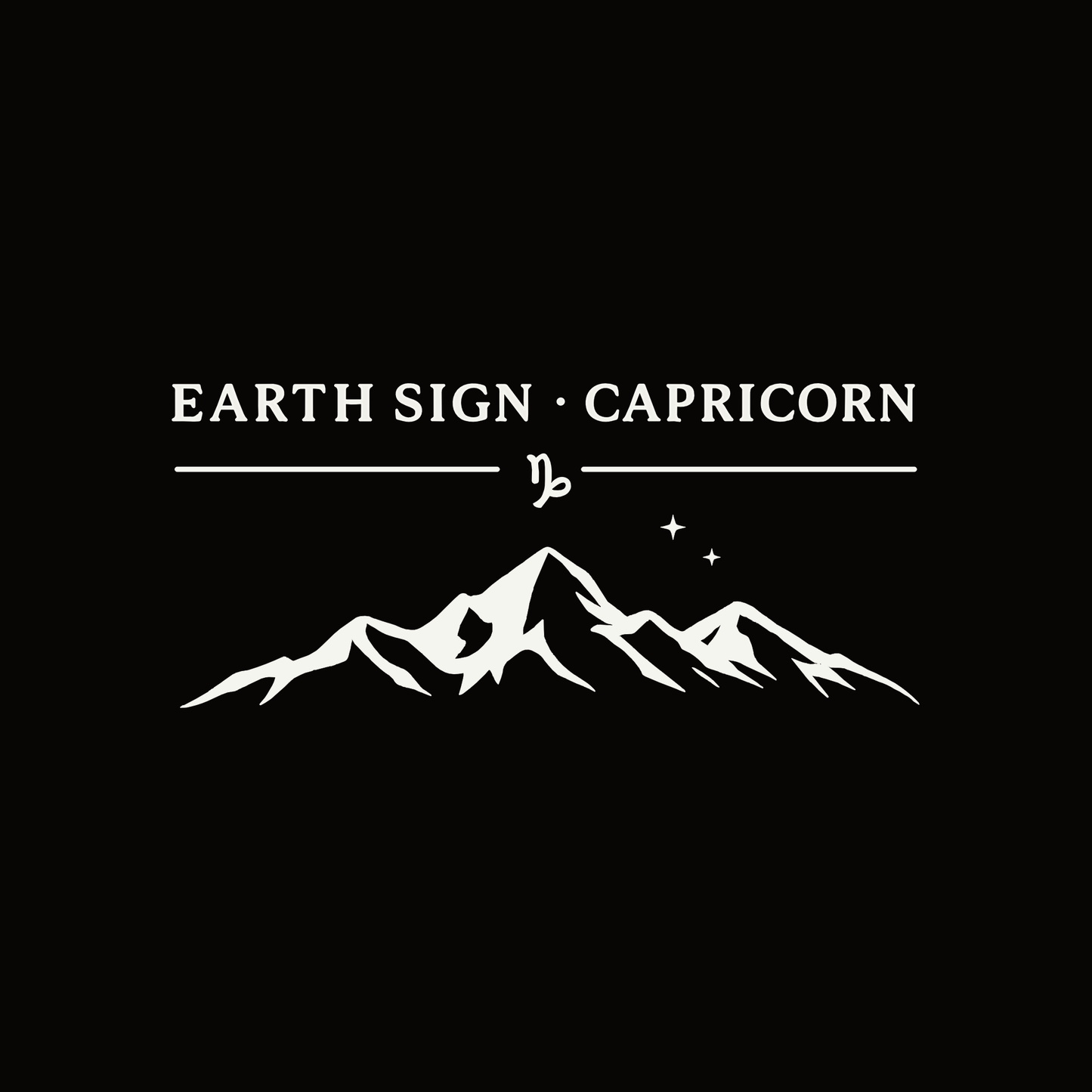 Minimalist Capricorn T-shirt design featuring the text “Earth Sign • Capricorn” with a simple white mountain silhouette on a black background.