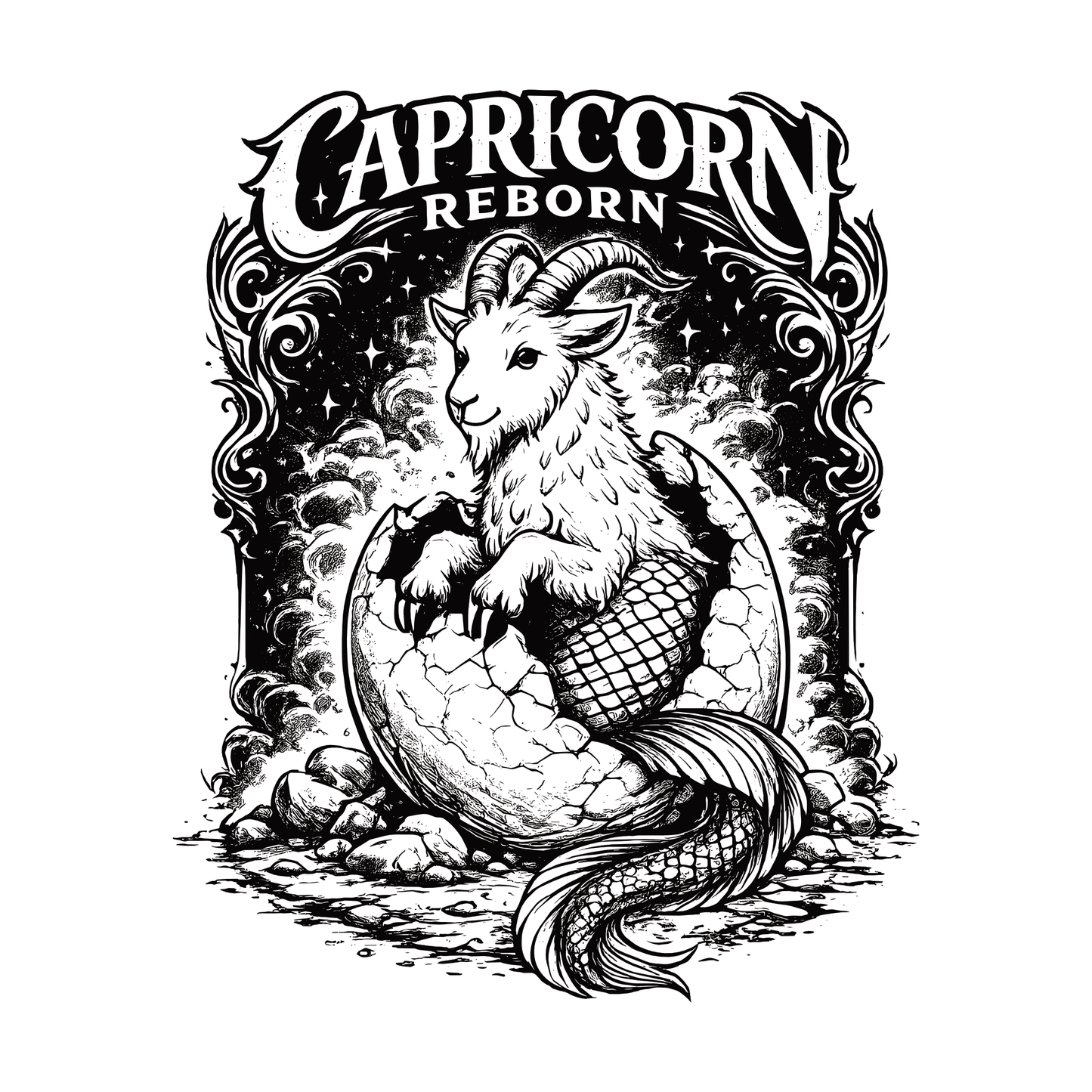 “Capricorn Reborn T-shirt design featuring detailed black and white sea goat illustration hatching from an egg.
