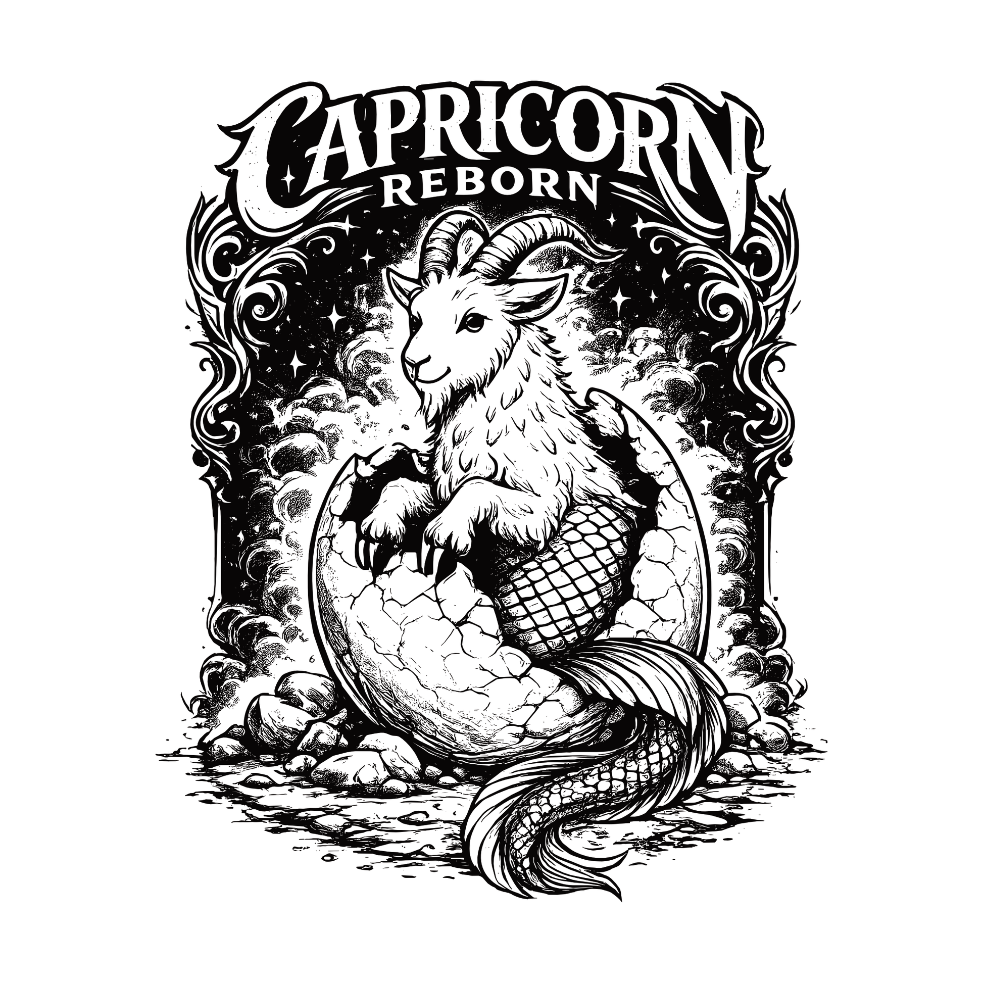 “Capricorn Reborn T-shirt design featuring detailed black and white sea goat illustration hatching from an egg.