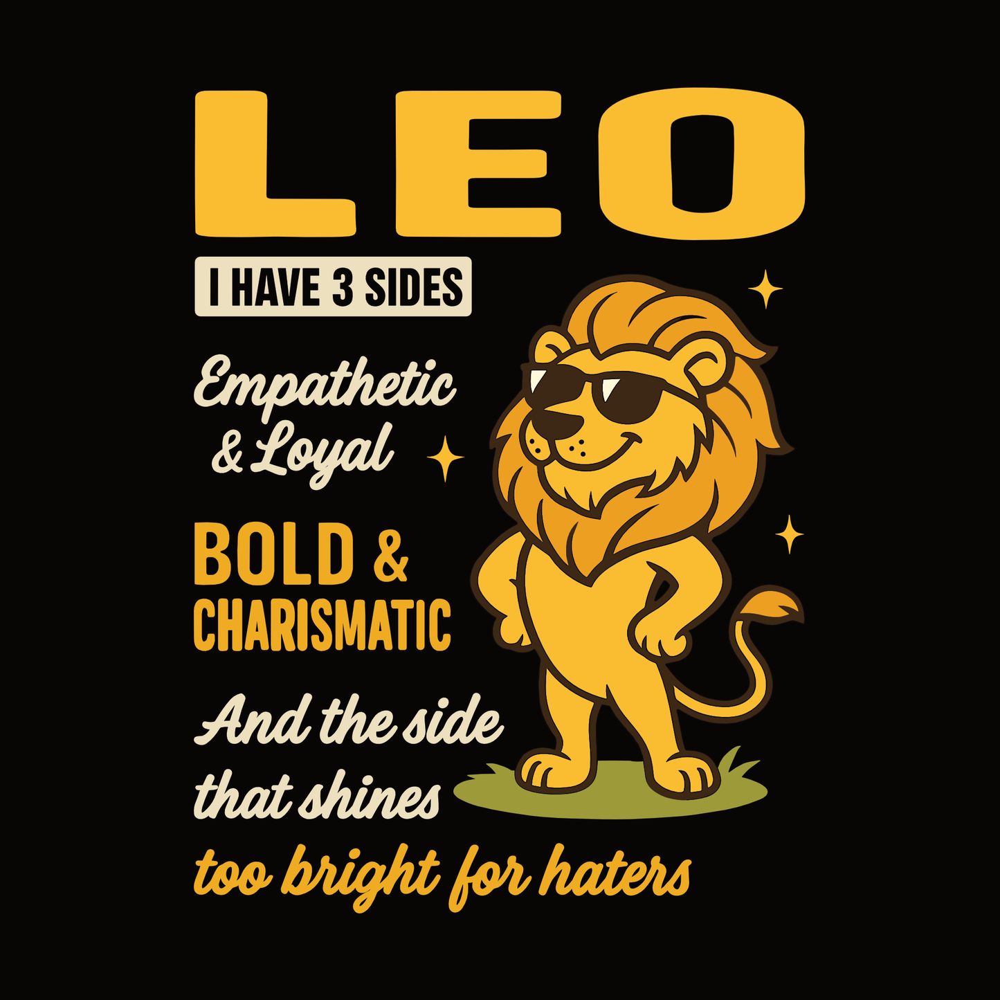 Leo zodiac graphic with bold yellow typography and a cartoon lion illustration highlighting loyal, charismatic and confident traits.