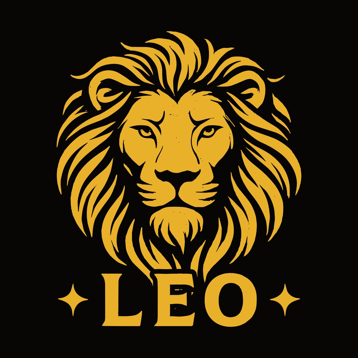 Golden lion head illustration with the text “LEO” on a black background.