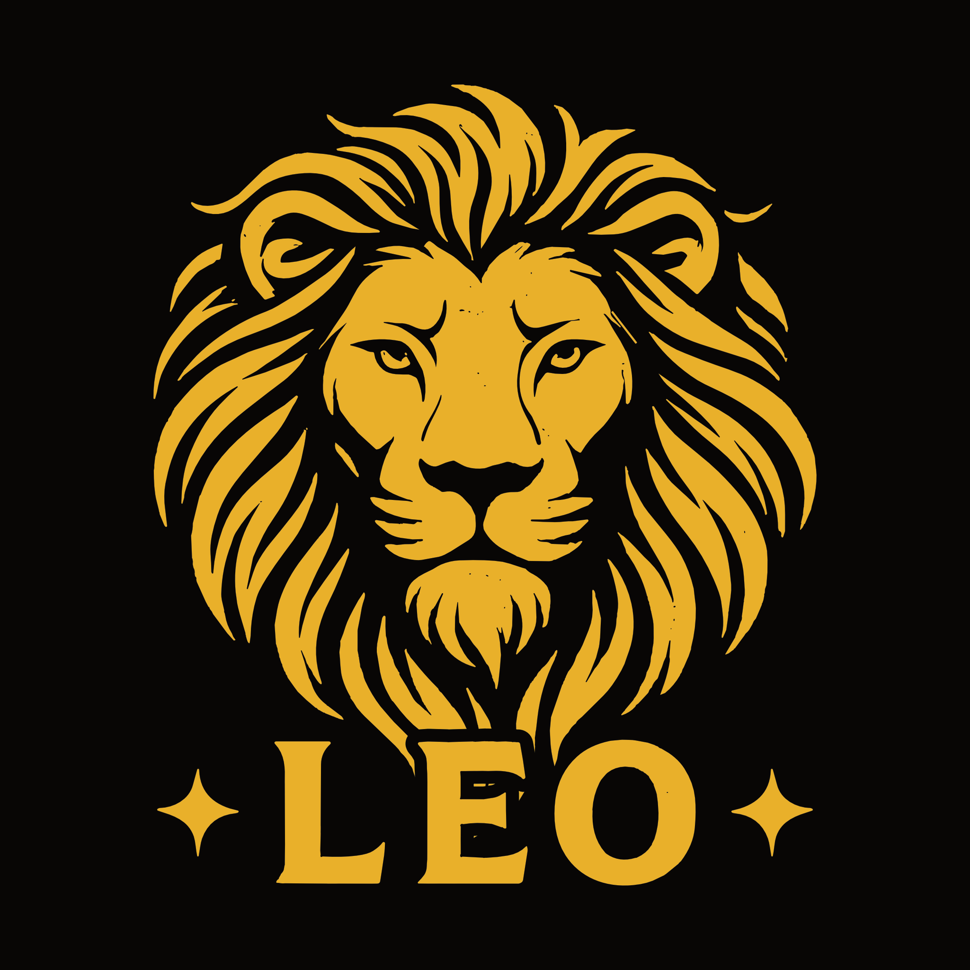 Golden lion head illustration with the text “LEO” on a black background.