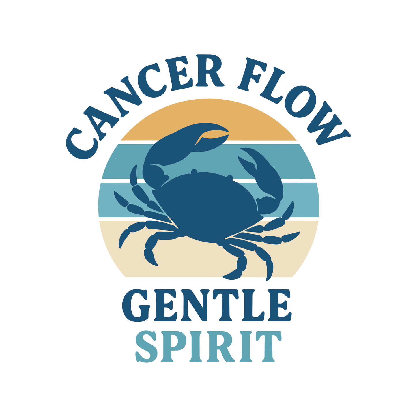 Cancer t-shirt design with crab illustration, retro stripes, and “Cancer Flow Gentle Spirit” text.