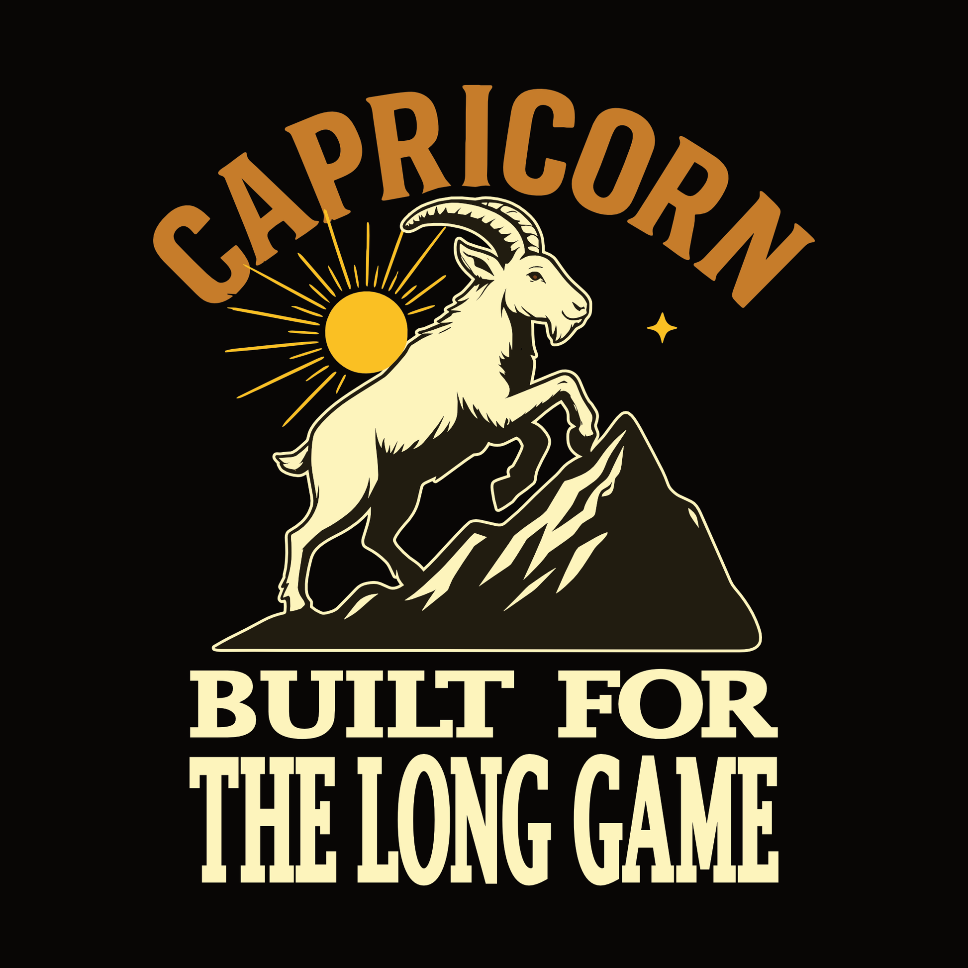 Capricorn ‘Built for the Long Game’ astrology design featuring a mountain goat standing on a peak with a rising sun.