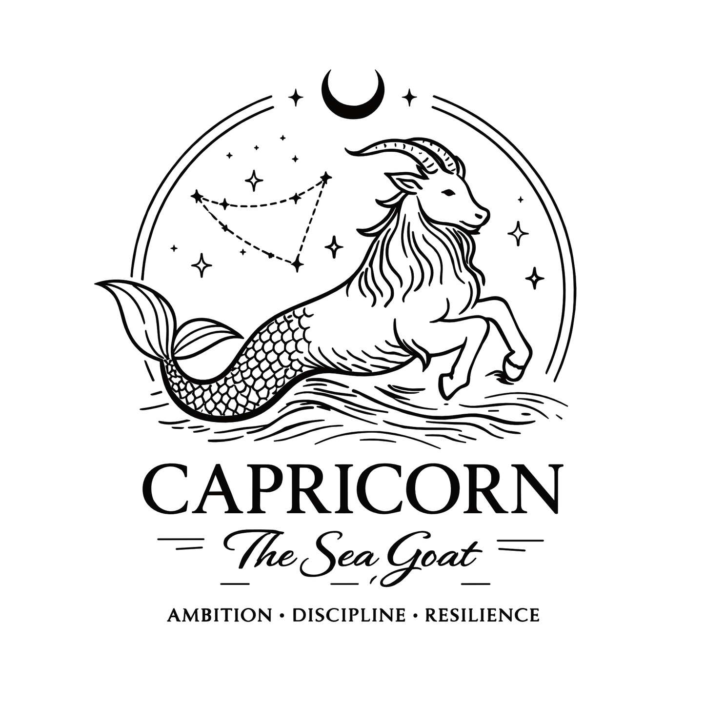 Close-up of Capricorn Sea Goat astrology graphic – moon, stars and mythic goat design