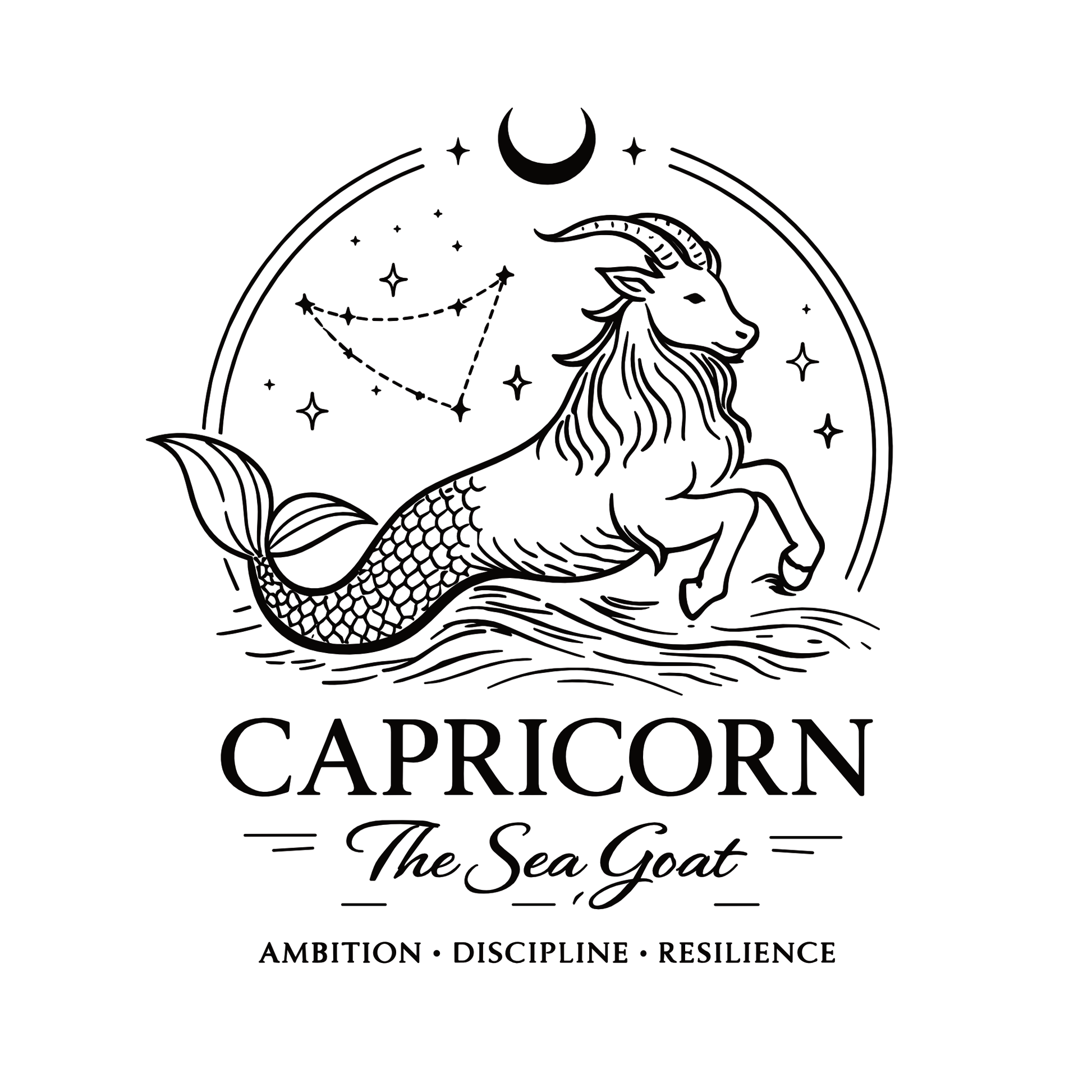 Close-up of Capricorn Sea Goat astrology graphic – moon, stars and mythic goat design