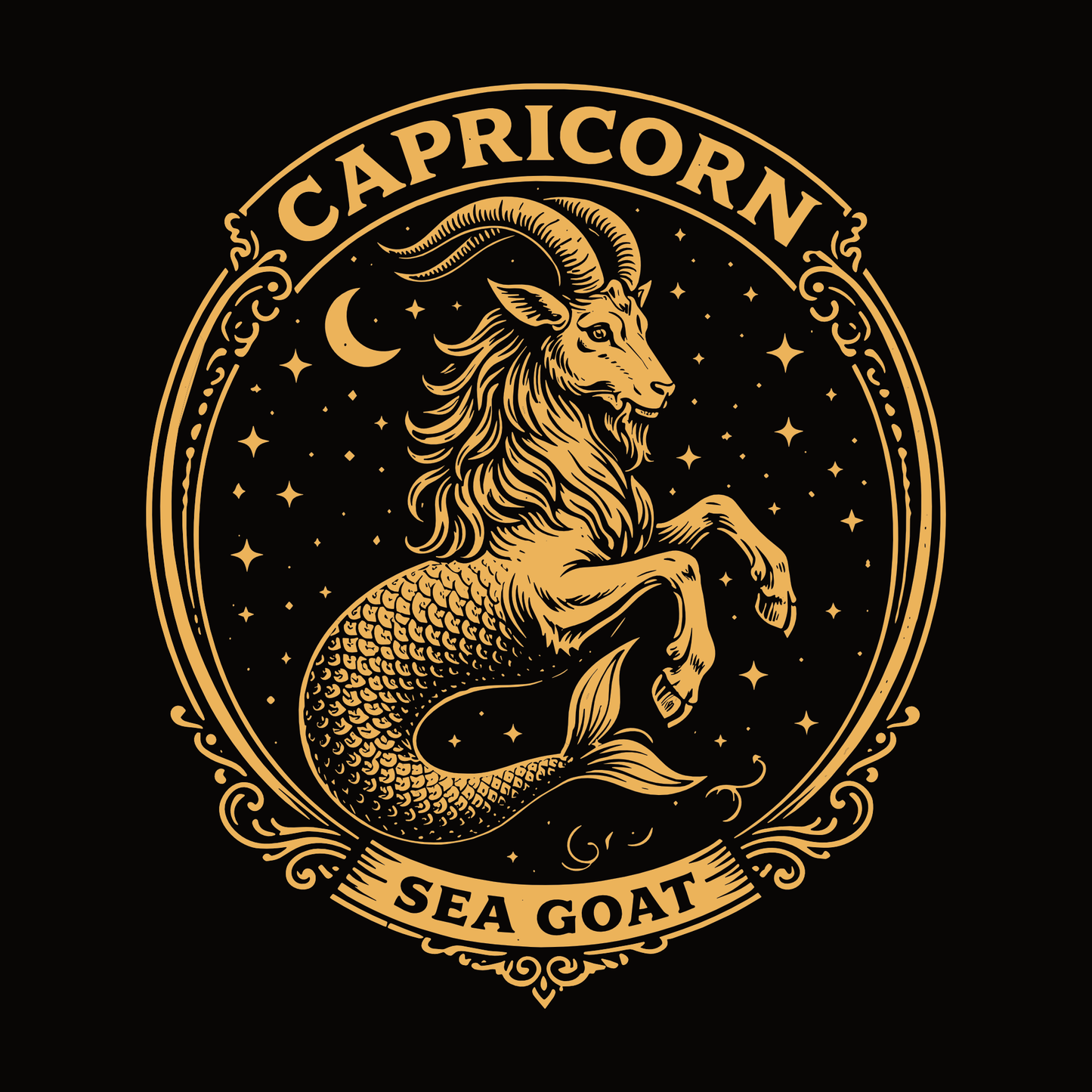 Detailed vintage gold illustration of the Capricorn Sea Goat zodiac symbol inside an ornate circular frame with stars and a crescent moon.