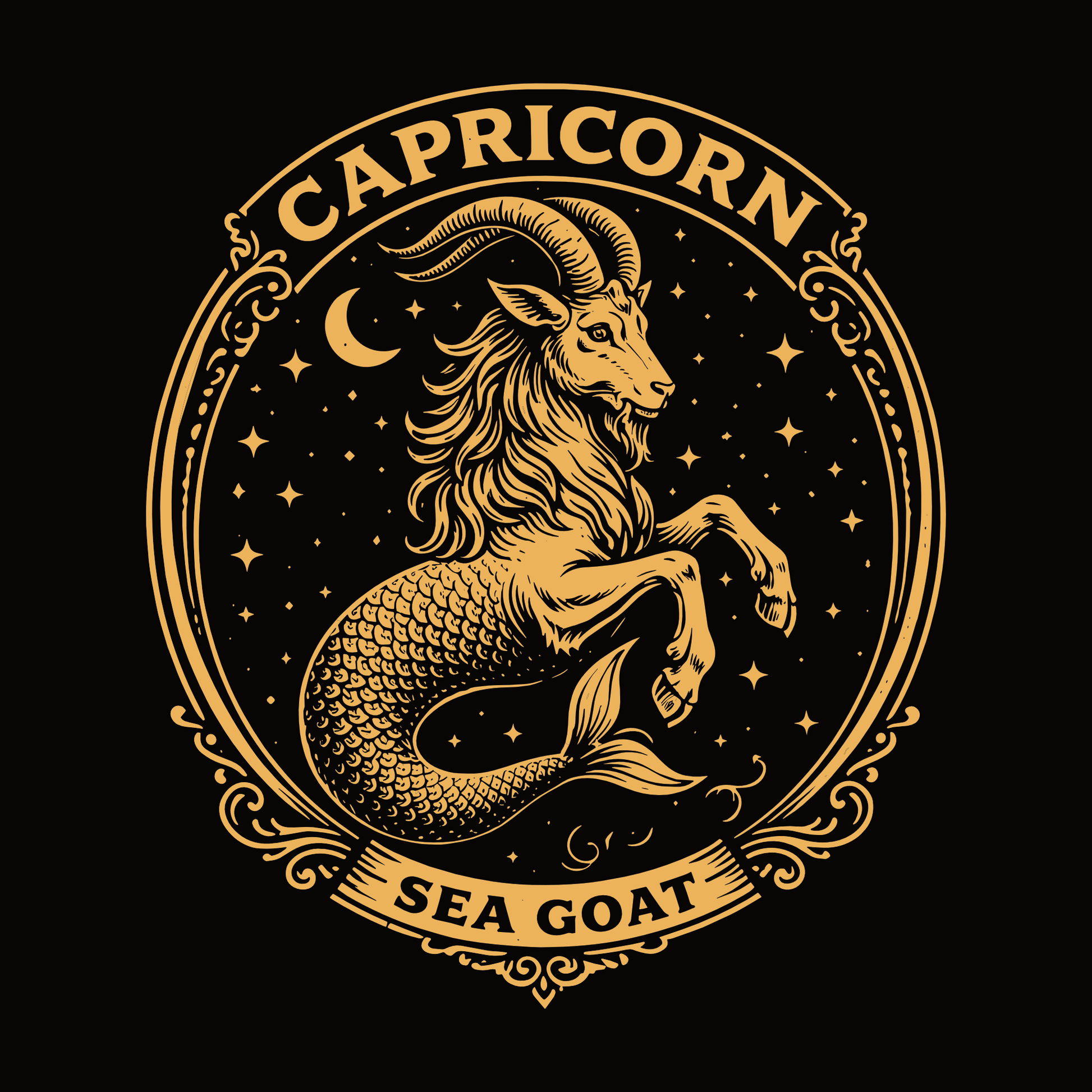 Detailed vintage gold illustration of the Capricorn Sea Goat zodiac symbol inside an ornate circular frame with stars and a crescent moon.
