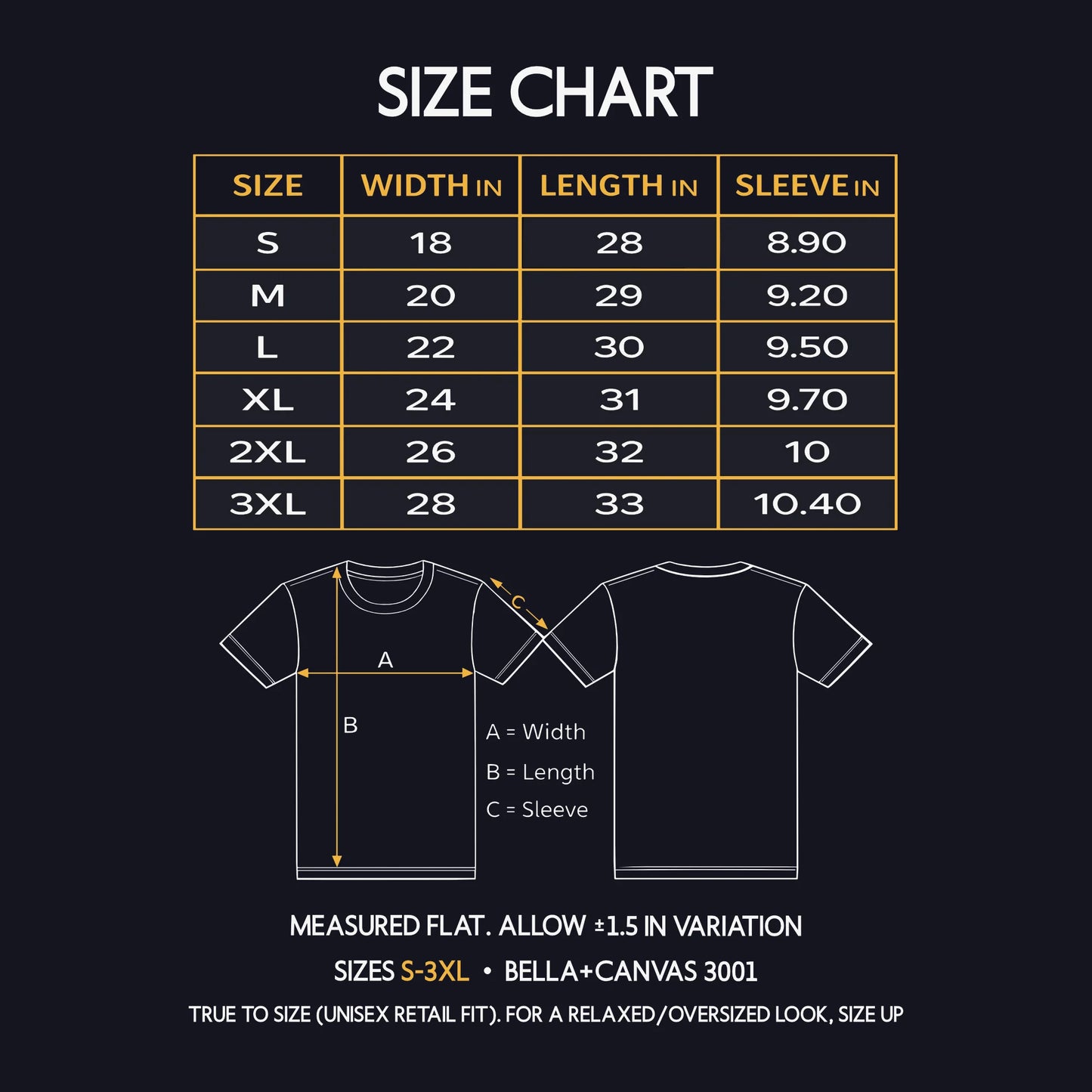 Bella+Canvas 3001 unisex t-shirt size chart (S–3XL) showing width, length, and sleeve measurements in inches.