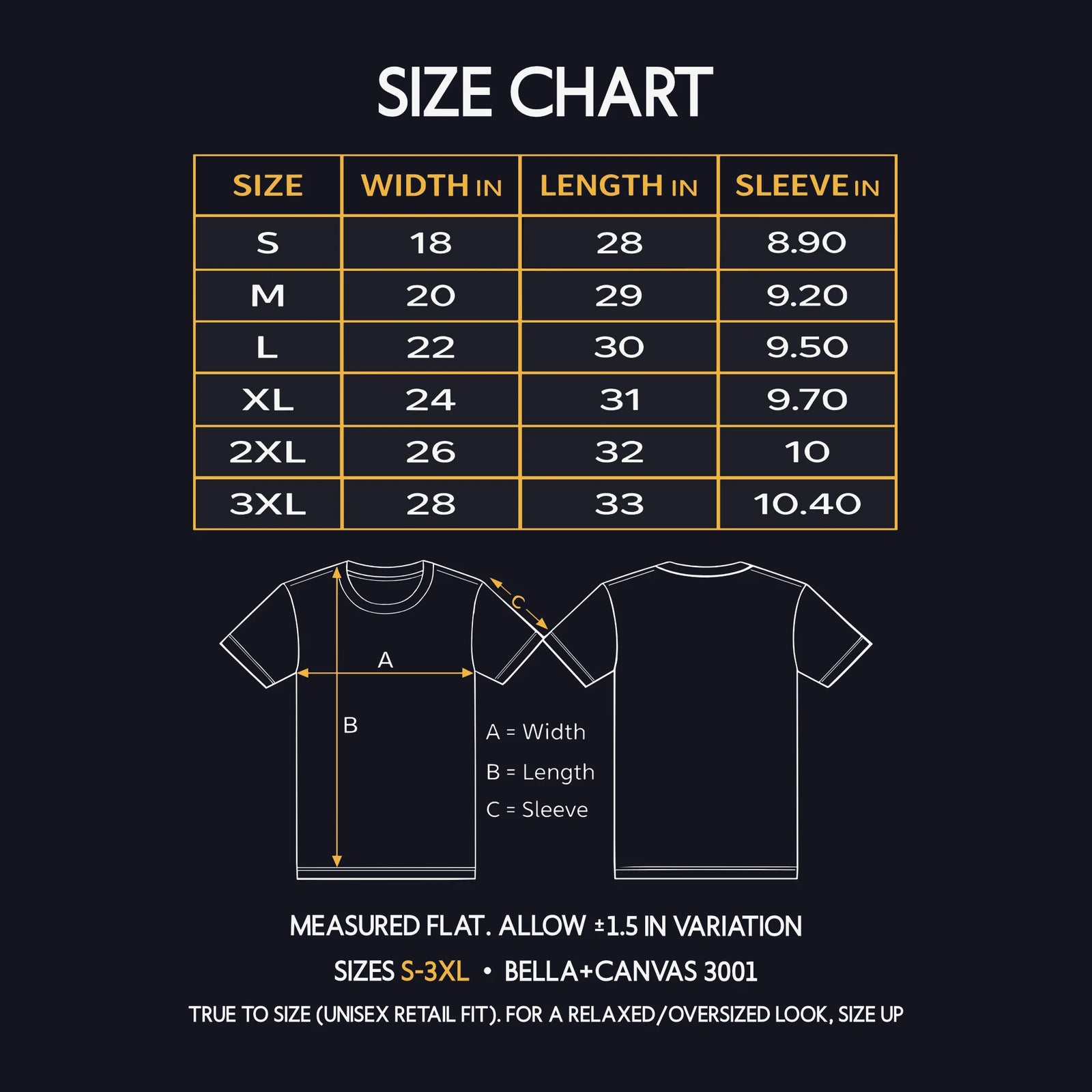 Bella+Canvas 3001 unisex t-shirt size chart (S–3XL) showing width, length, and sleeve measurements in inches.