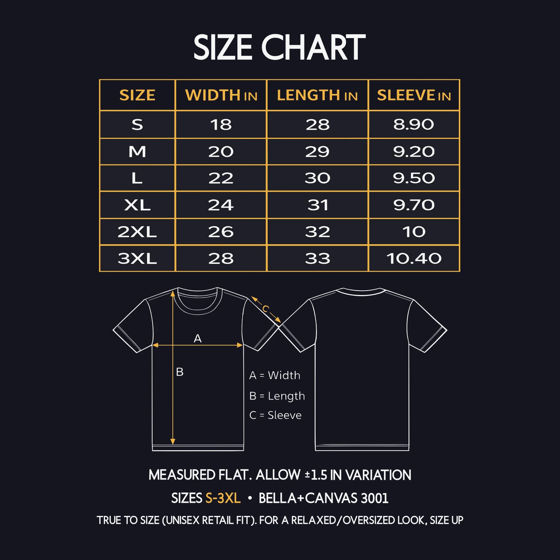 Bella+Canvas 3001 unisex t-shirt size chart (S–3XL) showing width, length, and sleeve measurements in inches.