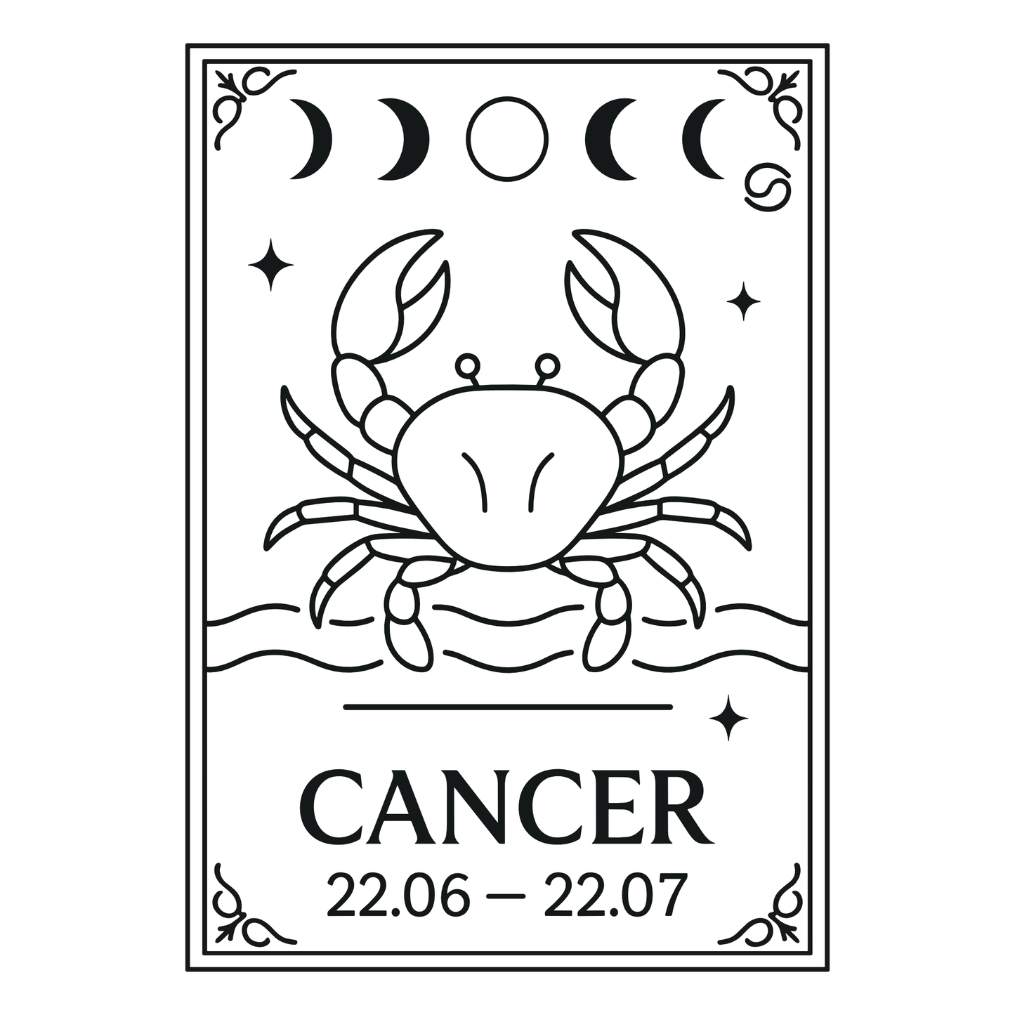 Cancer t-shirt design with minimalist crab illustration, moon phases, and Cancer dates.