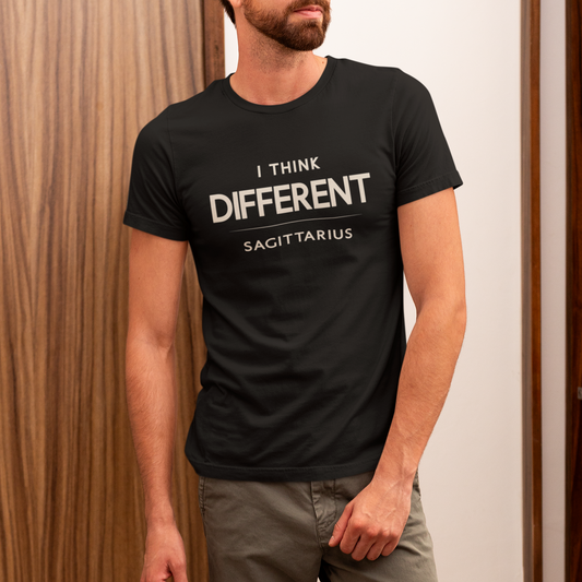 Model wearing Sagittarius zodiac t-shirt with “I Think Different” quote design