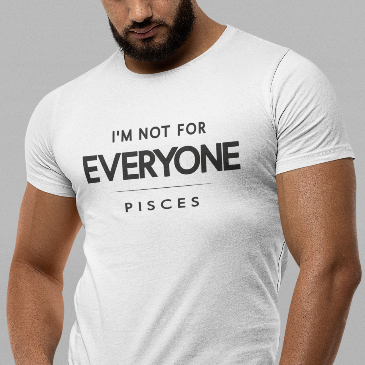 Model wearing Pisces zodiac t-shirt with bold typography quote design.