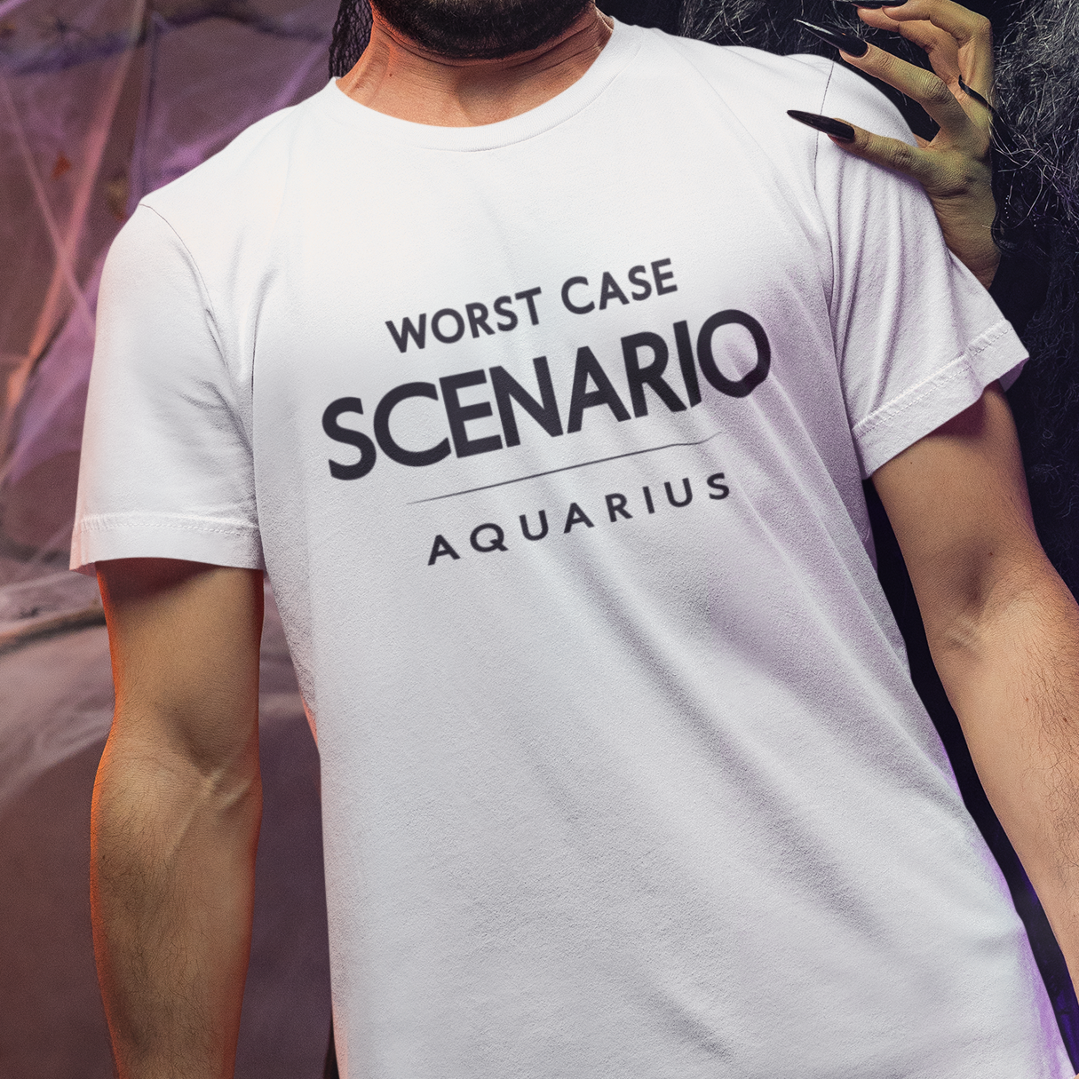 Model wearing Aquarius zodiac T-shirt with worst case scenario quote design.