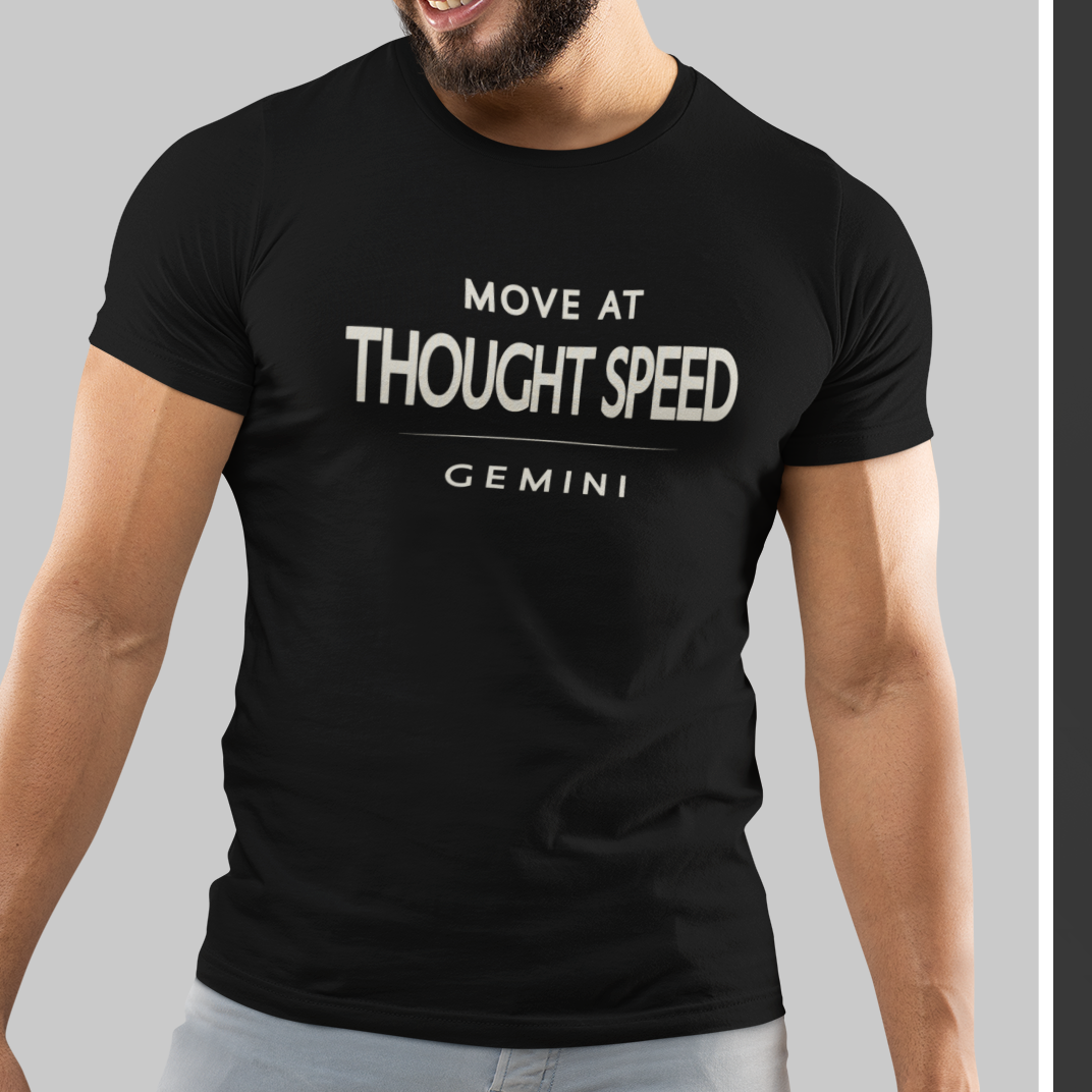 Model wearing Gemini zodiac t-shirt with “Move at Thought Speed” typography quote