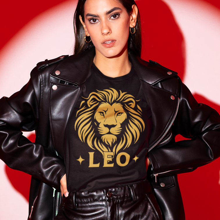 Woman wearing a black Leo T-shirt with a bold golden lion graphic, styled with a black leather jacket in a red studio background.