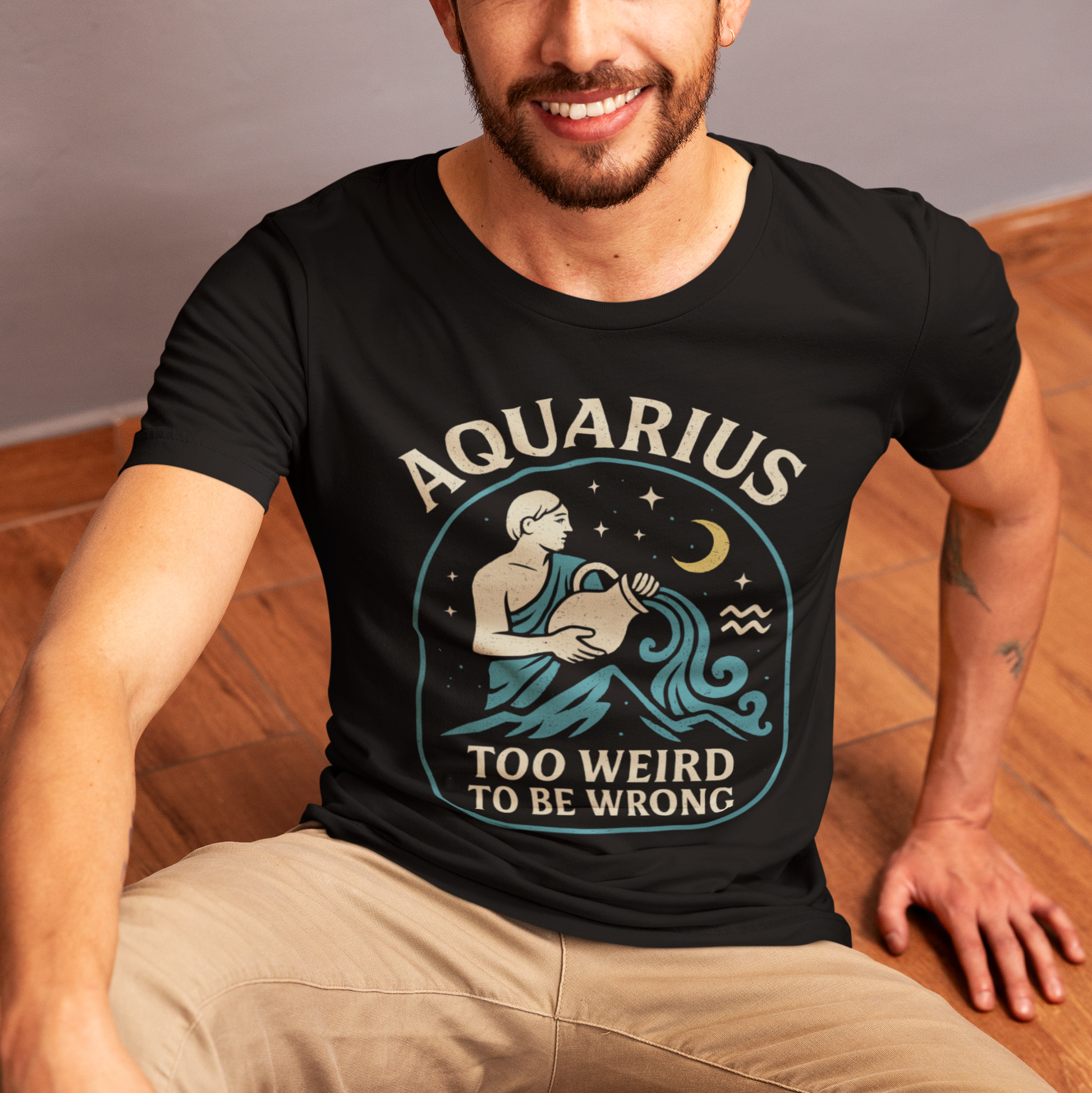 Model wearing Aquarius zodiac T-shirt with too weird to be wrong design.