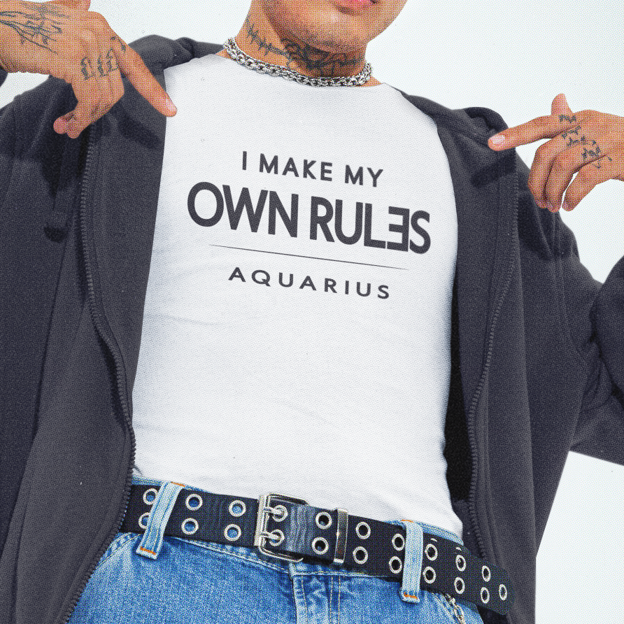 Model wearing Aquarius zodiac t-shirt with “I Make My Own Rules” typography quote design