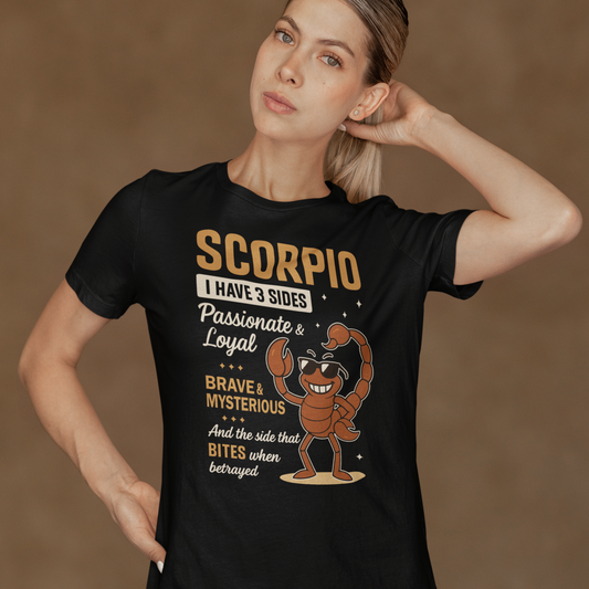 Model wearing Scorpio zodiac t-shirt with I have 3 sides typography and scorpion character design.